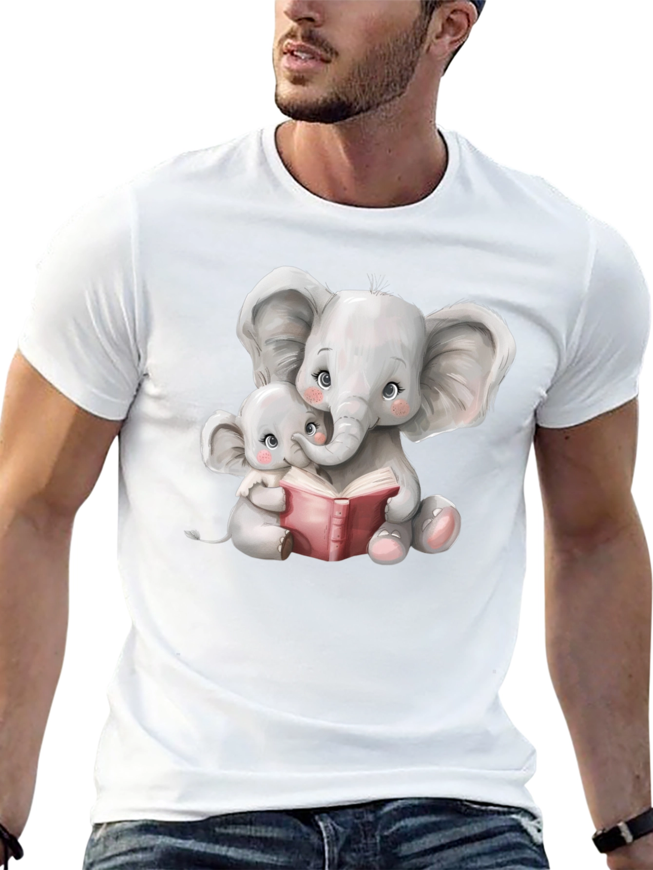 Elephant Mom and Baby Reading Black T-Shirt