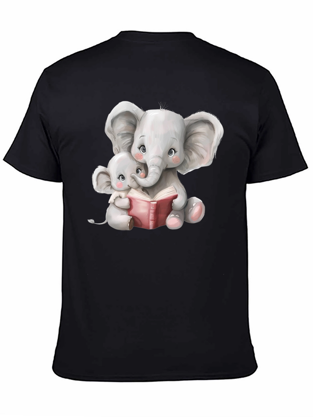 Elephant Mom and Baby Reading Black T-Shirt