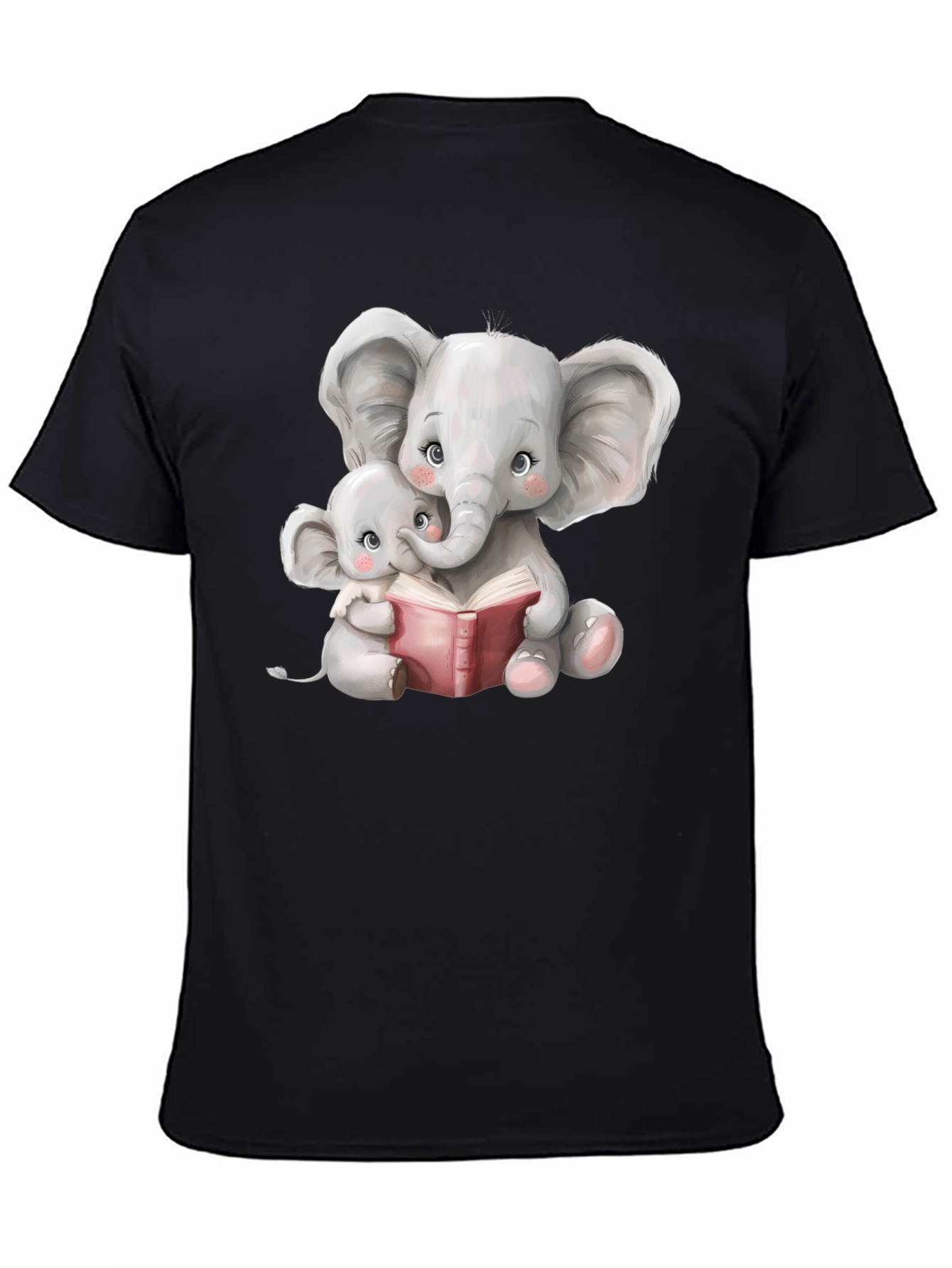 Elephant Mom and Baby Reading Black T-Shirt
