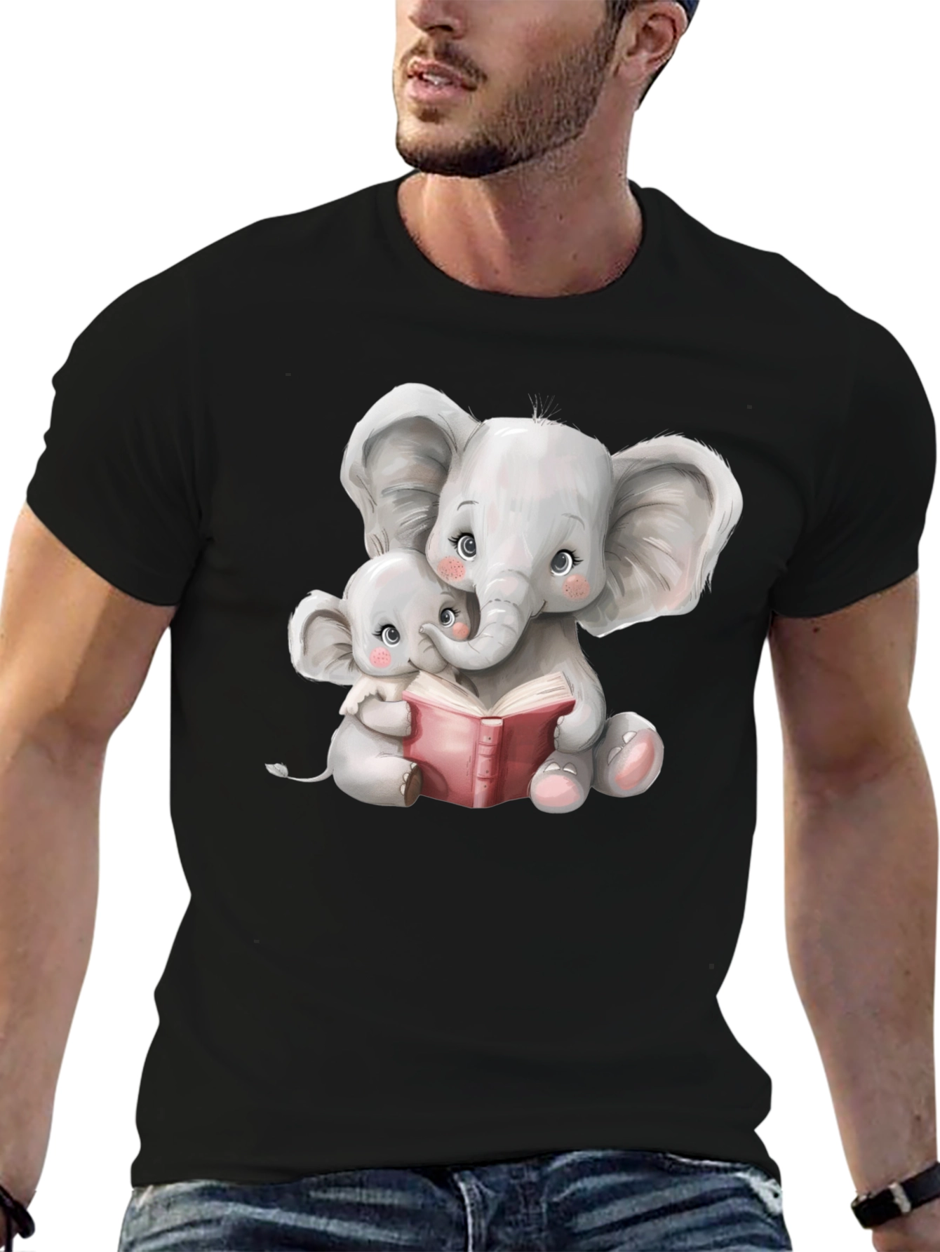 Elephant Mom and Baby Reading Black T-Shirt