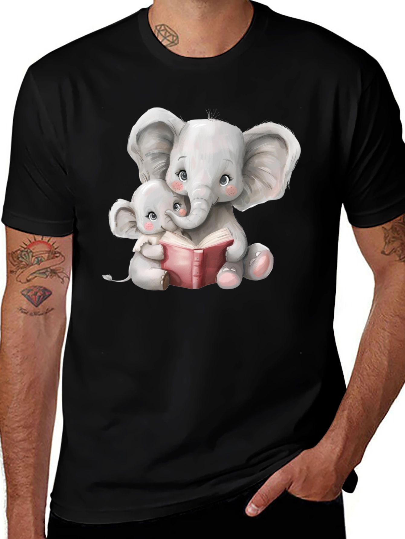 Elephant Mom and Baby Reading Black T-Shirt