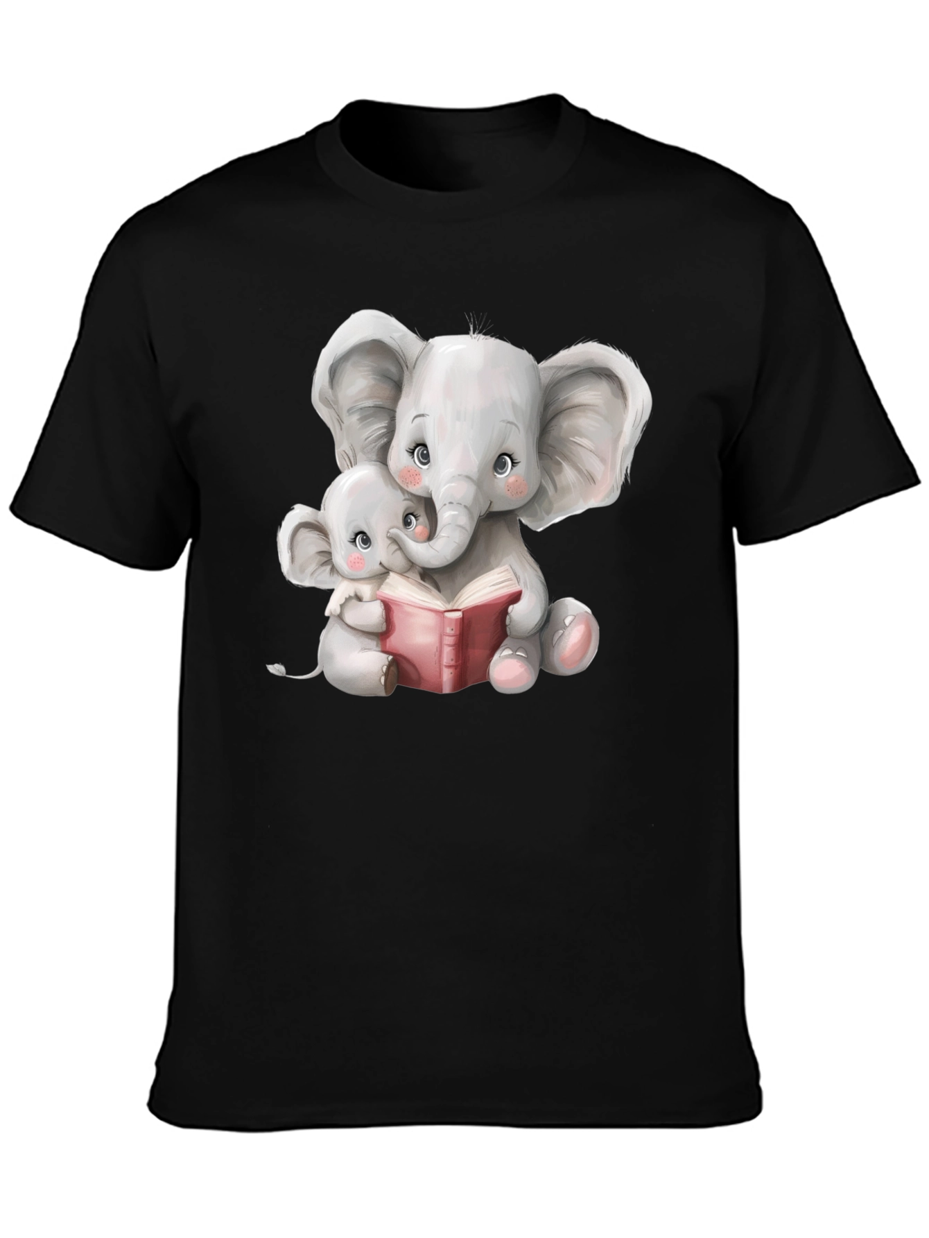 Elephant Mom and Baby Reading Black T-Shirt