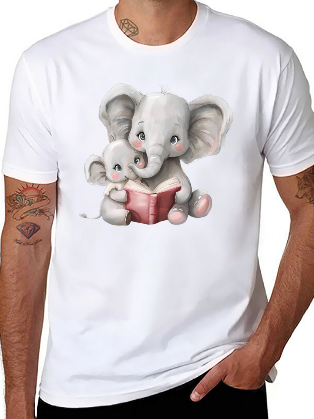 Elephant Mom and Baby Reading Black T-Shirt
