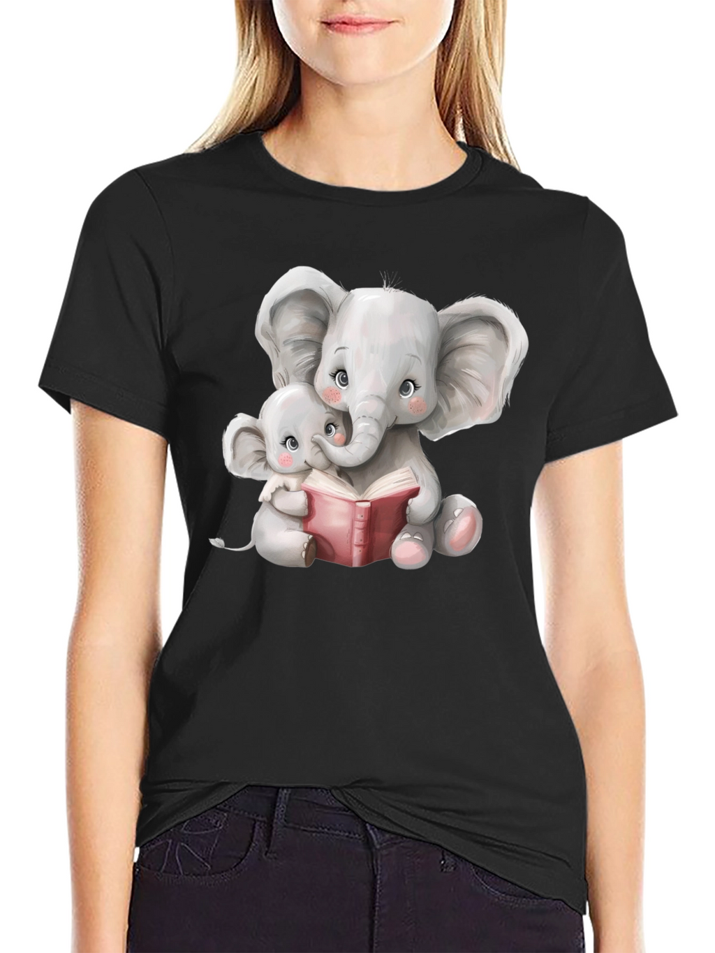 Elephant Mom and Baby Reading Black T-Shirt