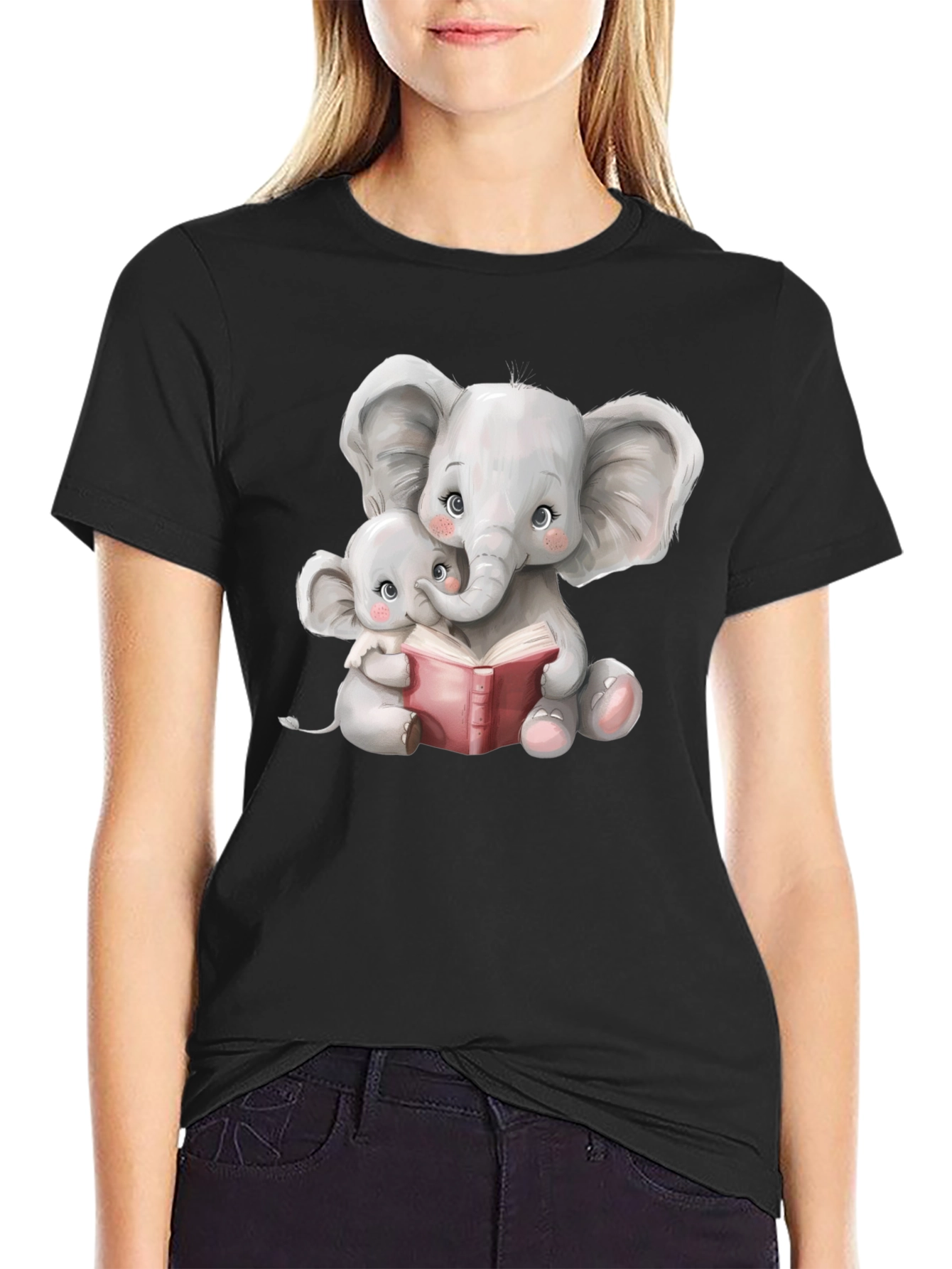 Elephant Mom and Baby Reading Black T-Shirt