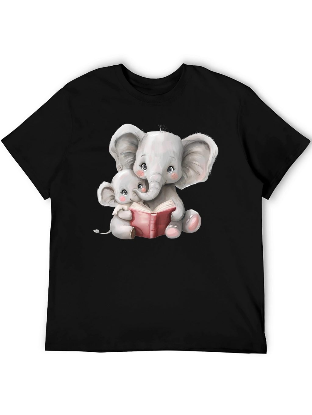 Elephant Mom and Baby Reading Black T-Shirt
