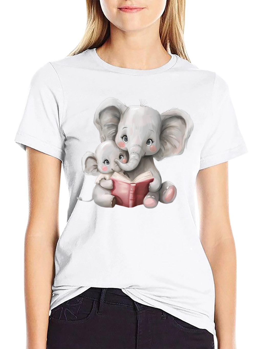 Elephant Mom and Baby Reading Black T-Shirt