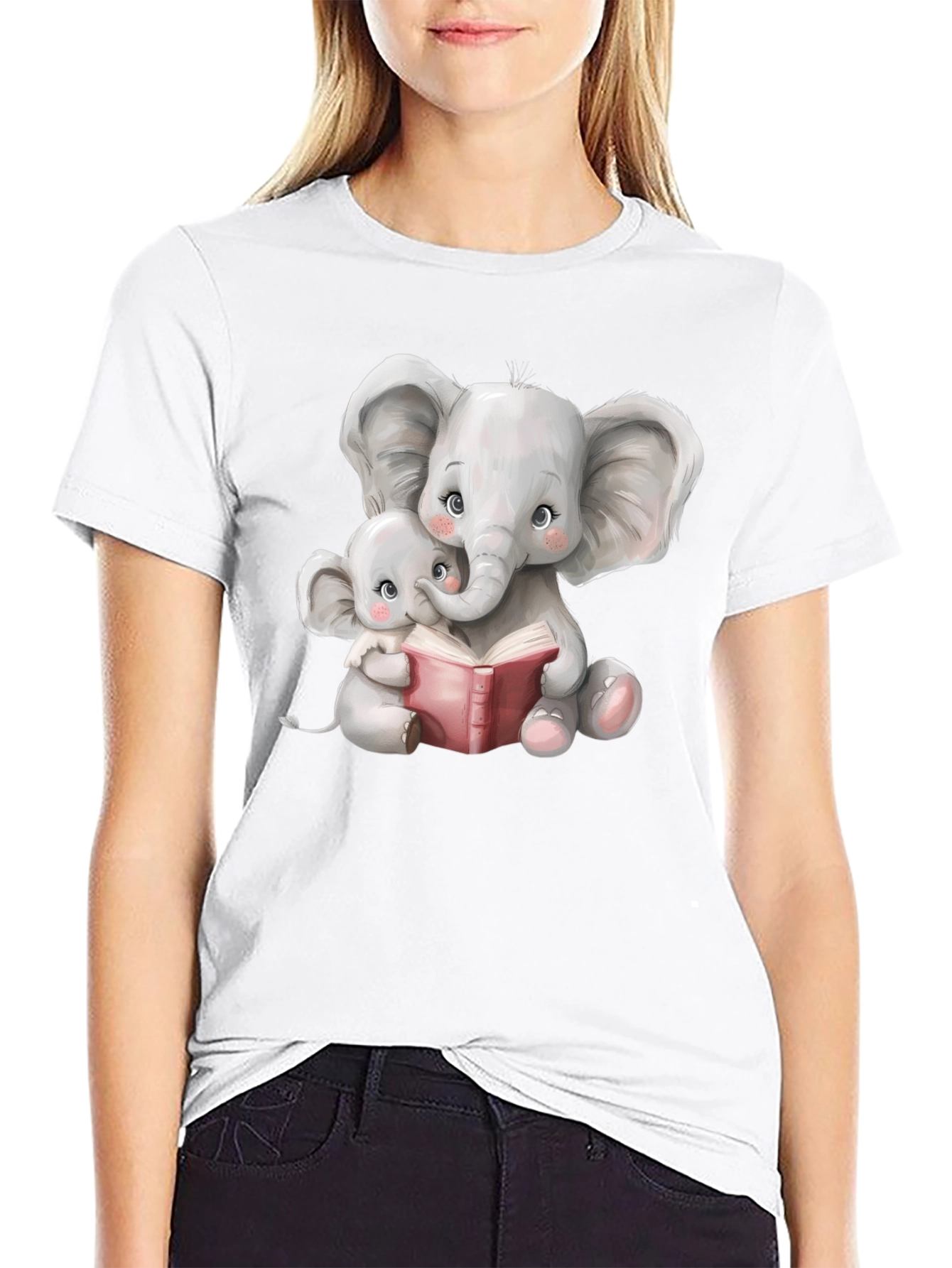 Elephant Mom and Baby Reading Black T-Shirt