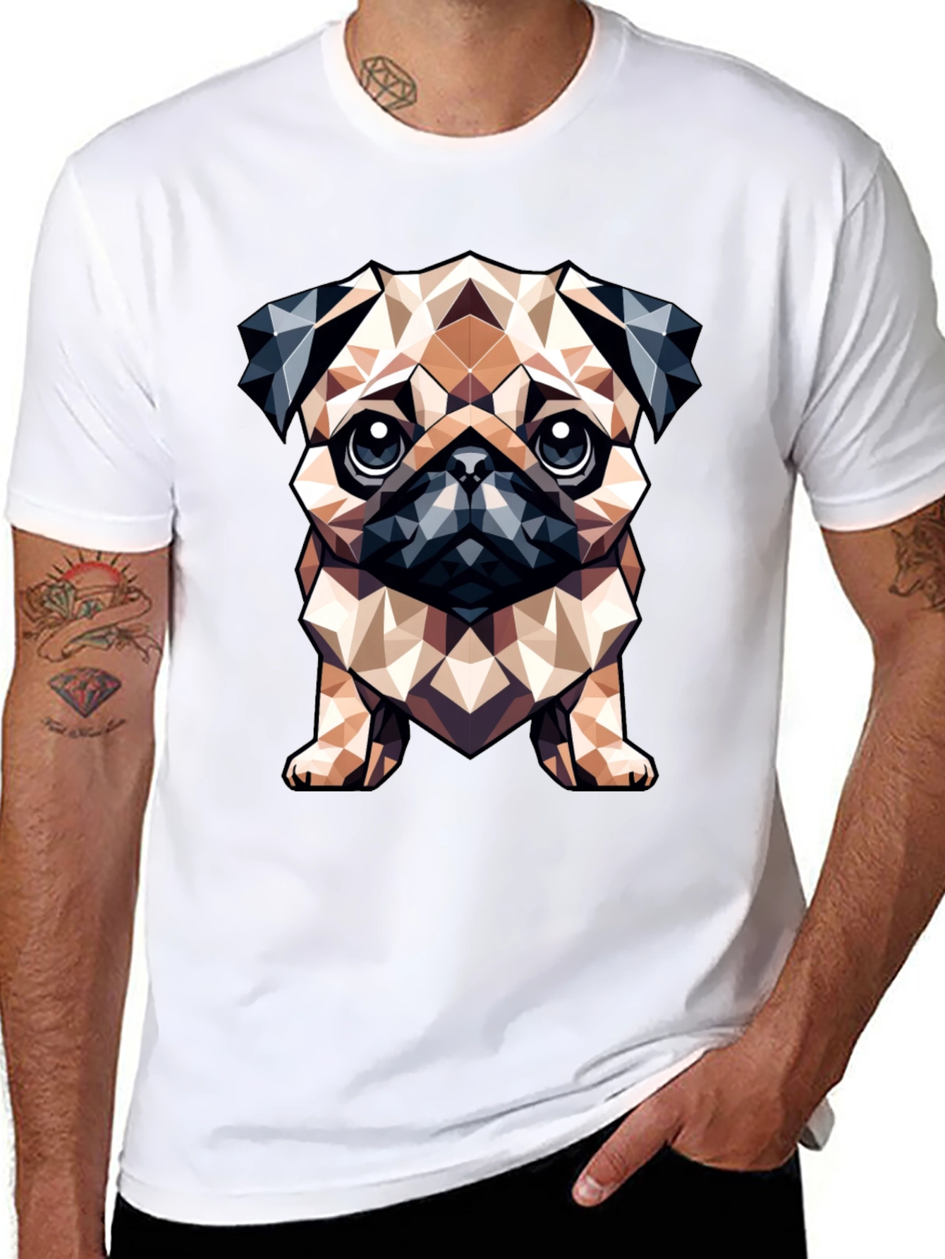 Geometric Pug Dog Graphic Tee - Stylish Black T-Shirt