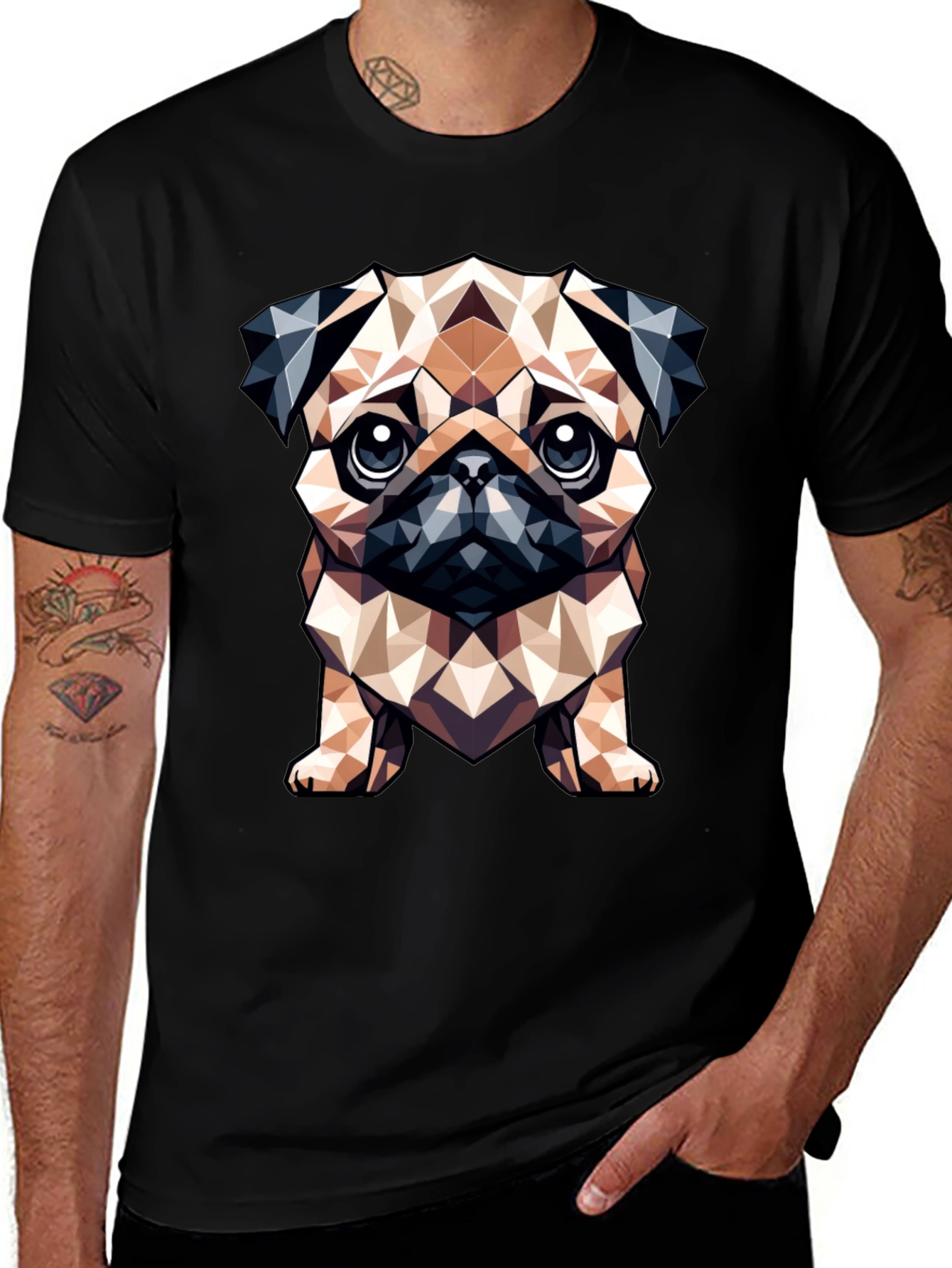 Geometric Pug Dog Graphic Tee - Stylish Black T-Shirt