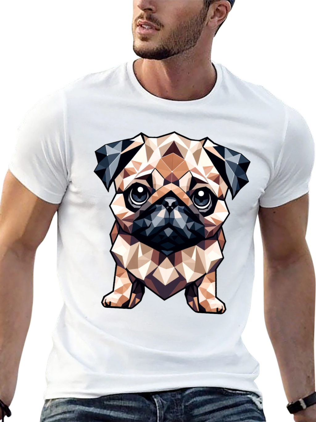 Geometric Pug Dog Graphic Tee - Stylish Black T-Shirt