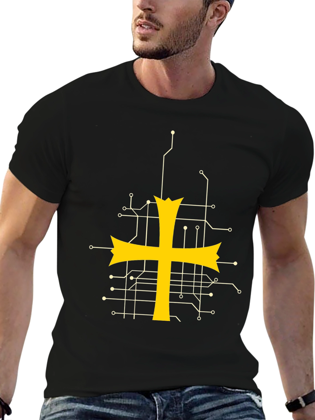 Tech Templar Knight T-Shirt - Circuit Board Cross Design