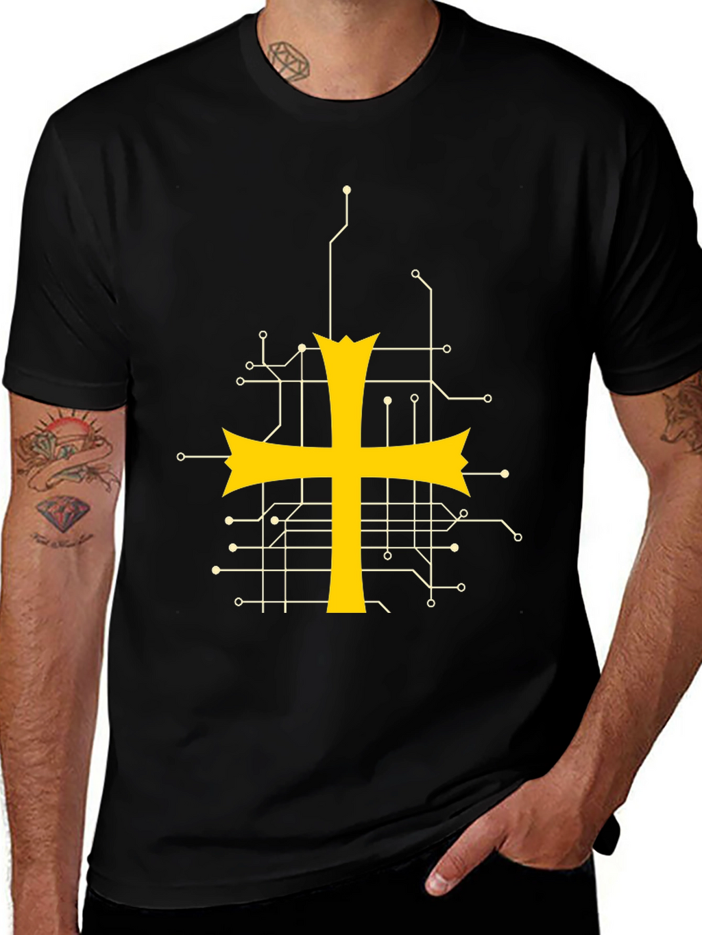 Tech Templar Knight T-Shirt - Circuit Board Cross Design