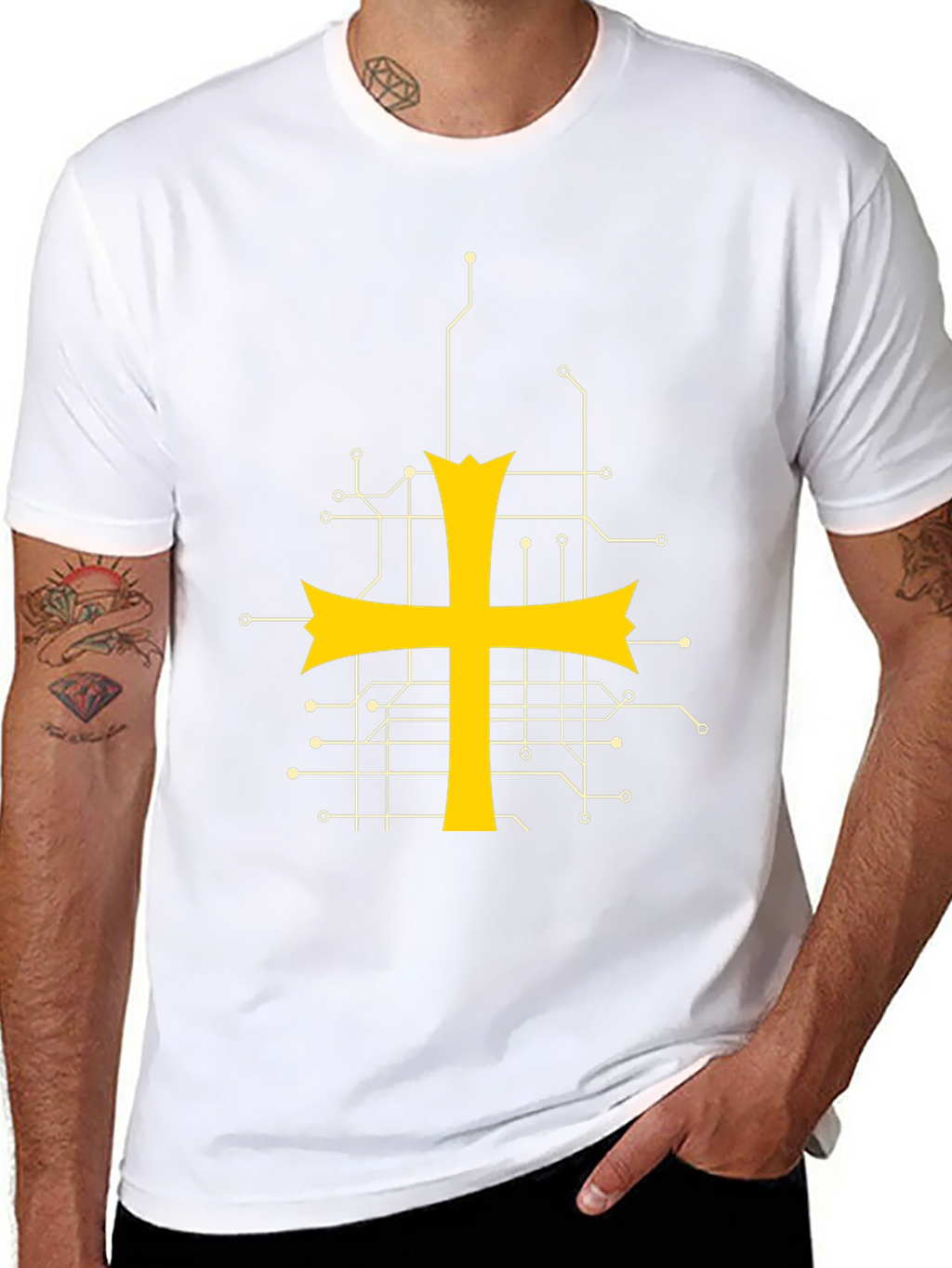 Tech Templar Knight T-Shirt - Circuit Board Cross Design