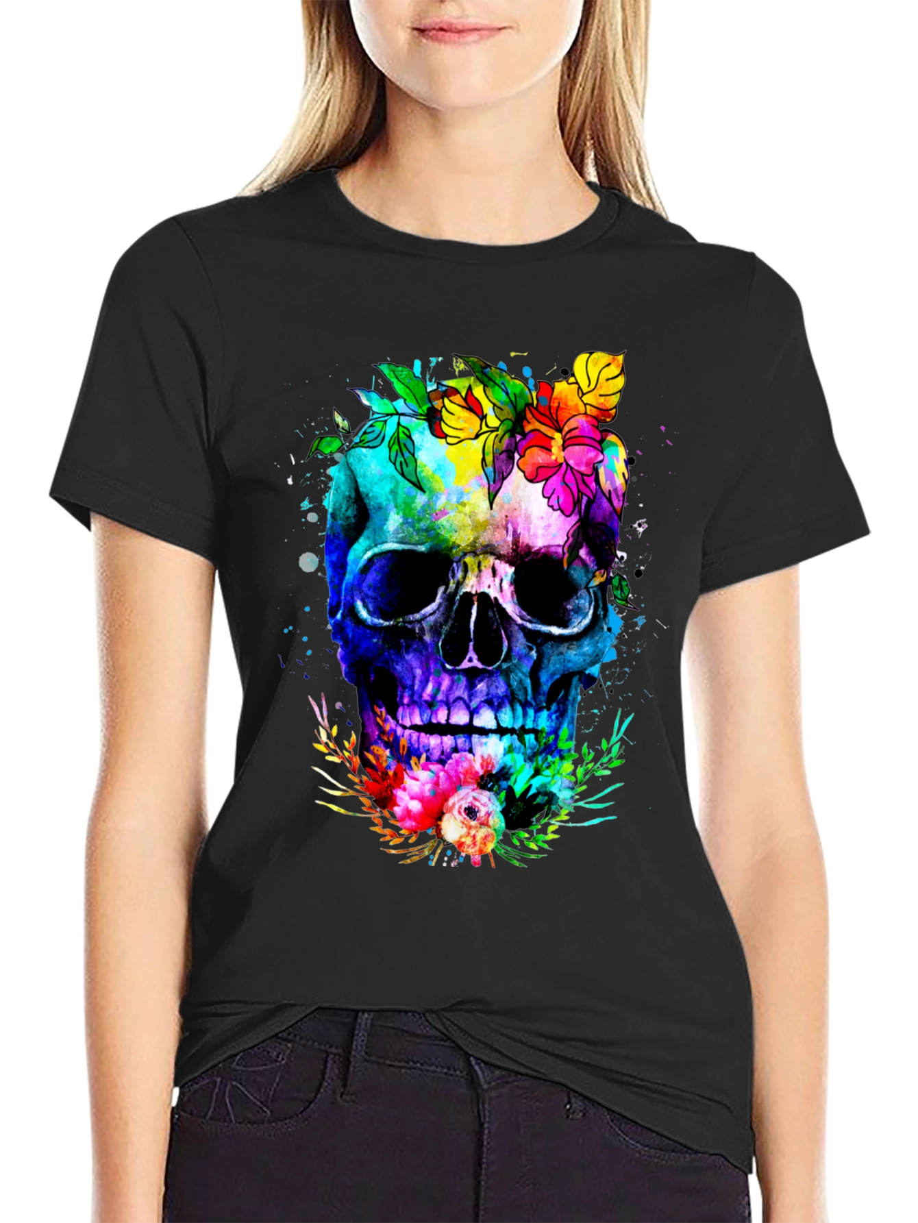 Floral Skull Graphic Tee - Colorful Unique Design