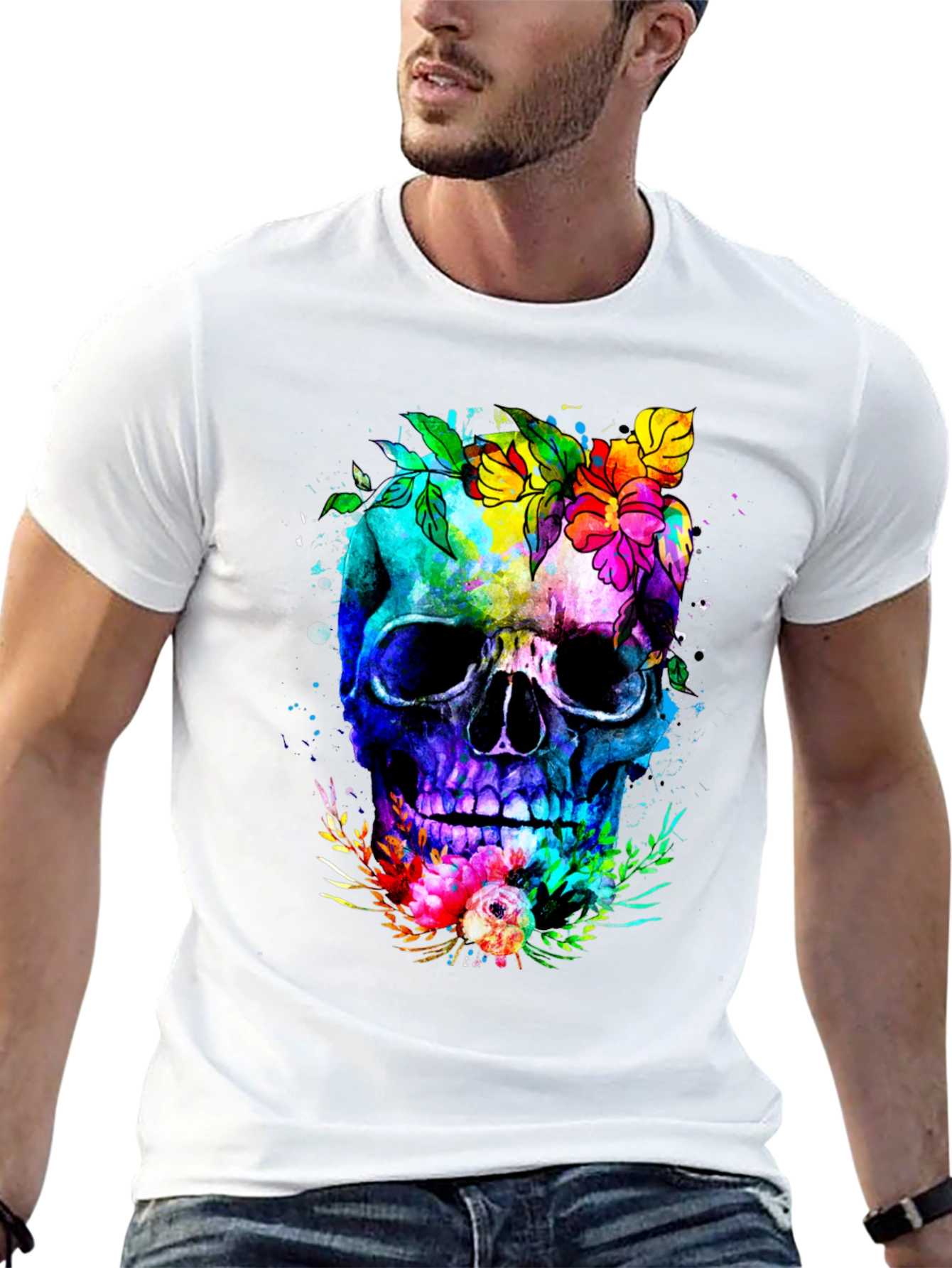 Floral Skull Graphic Tee - Colorful Unique Design