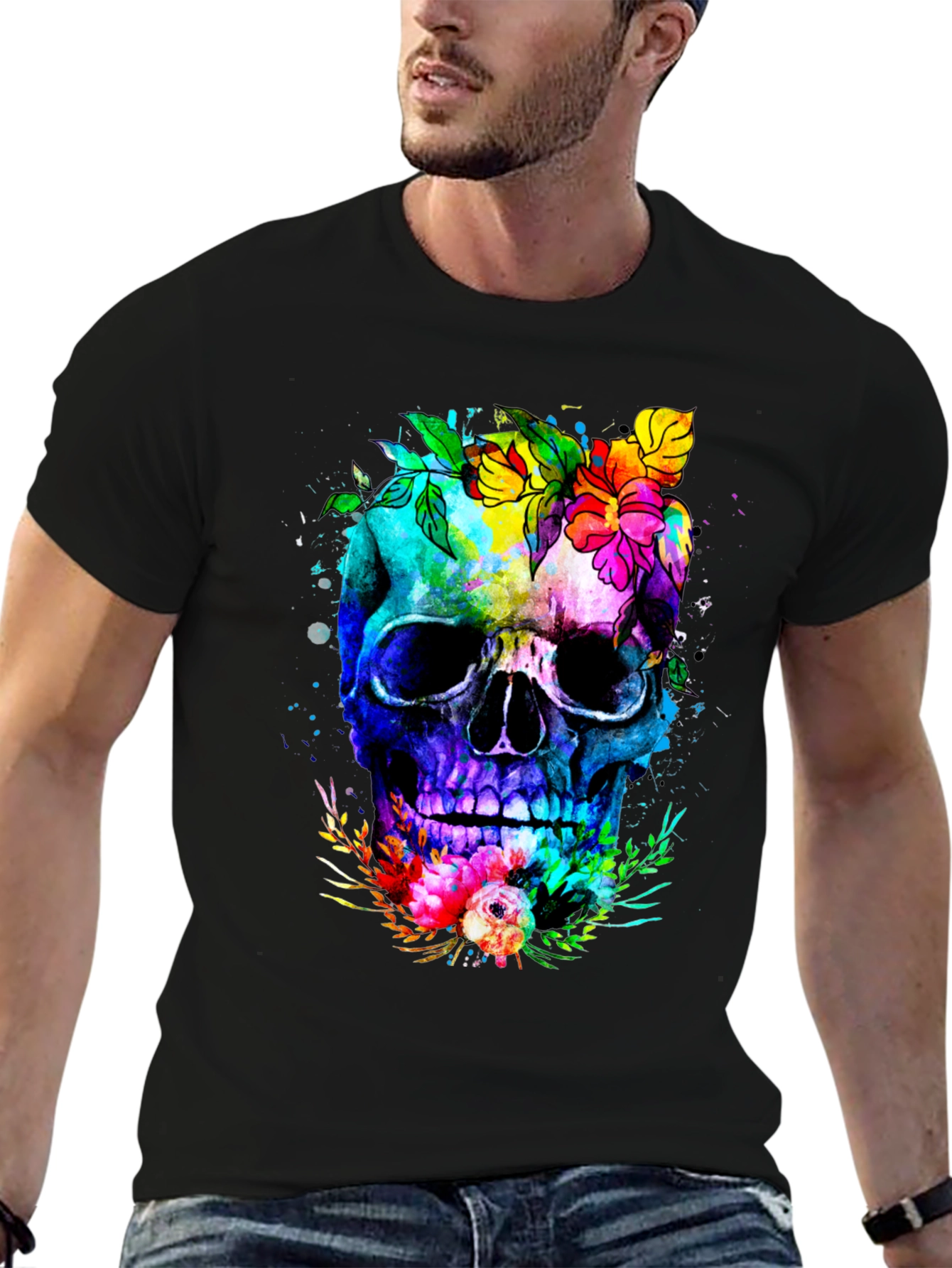 Floral Skull Graphic Tee - Colorful Unique Design