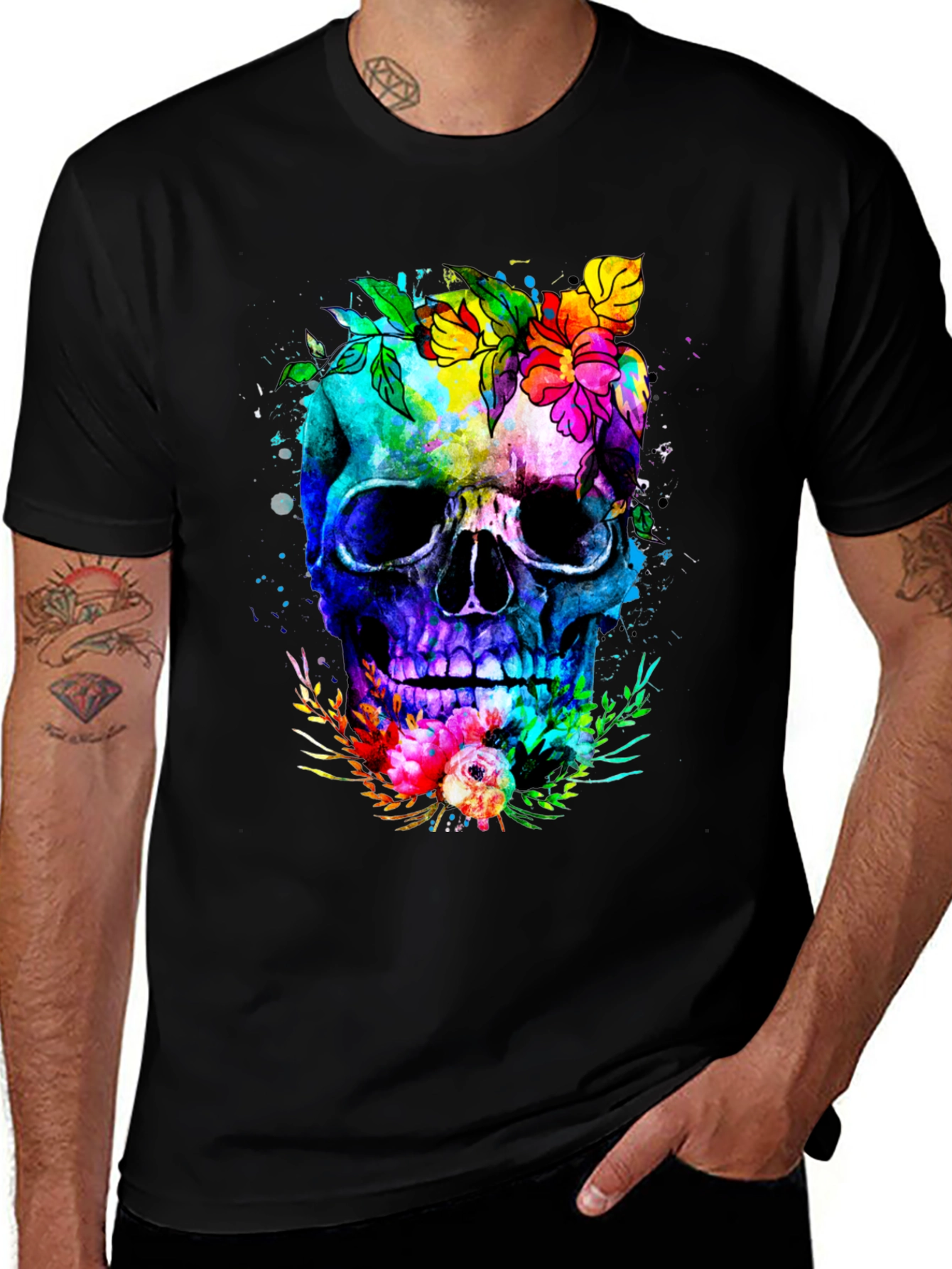Floral Skull Graphic Tee - Colorful Unique Design
