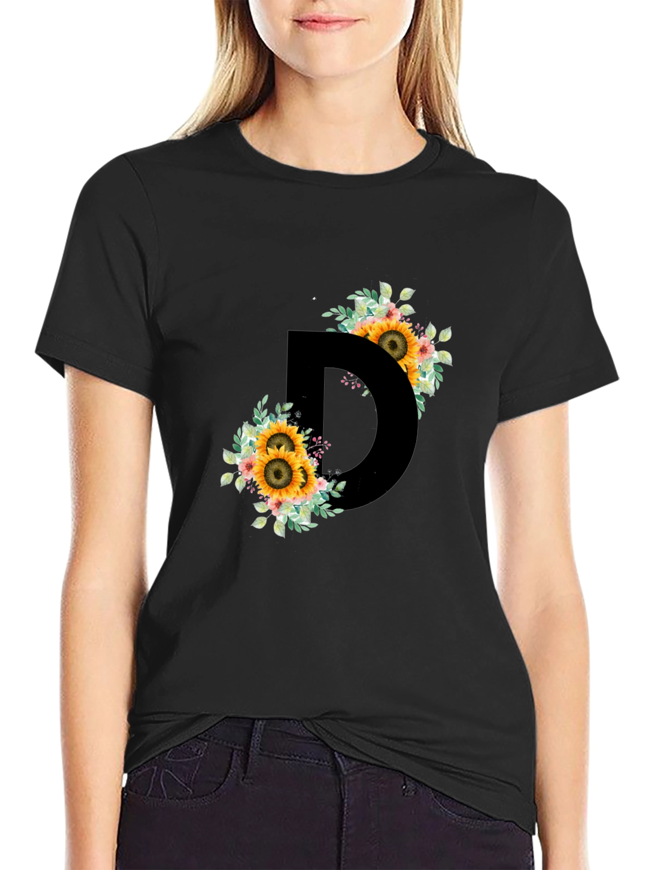 Floral Letter D Black T-Shirt