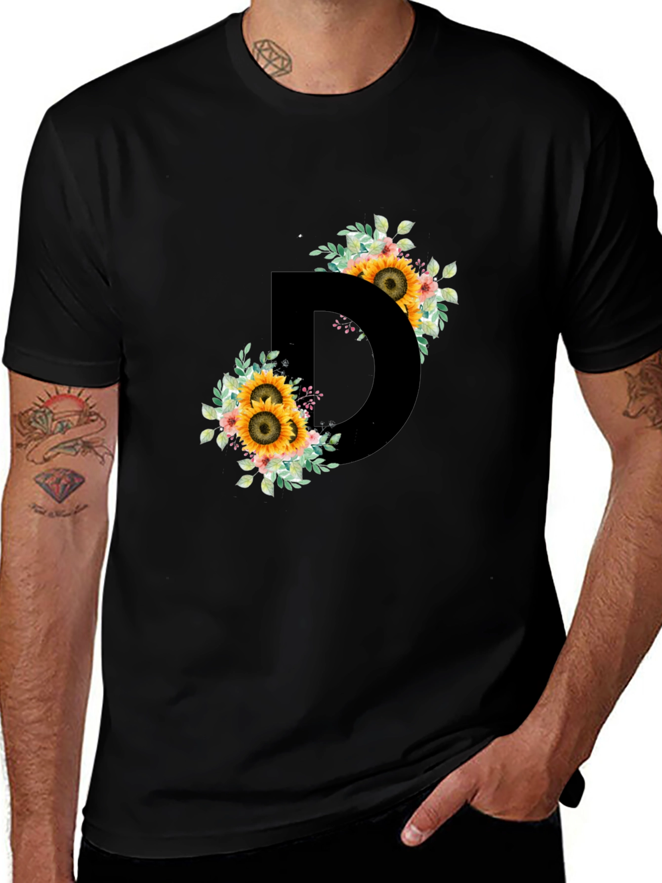 Floral Letter D Black T-Shirt