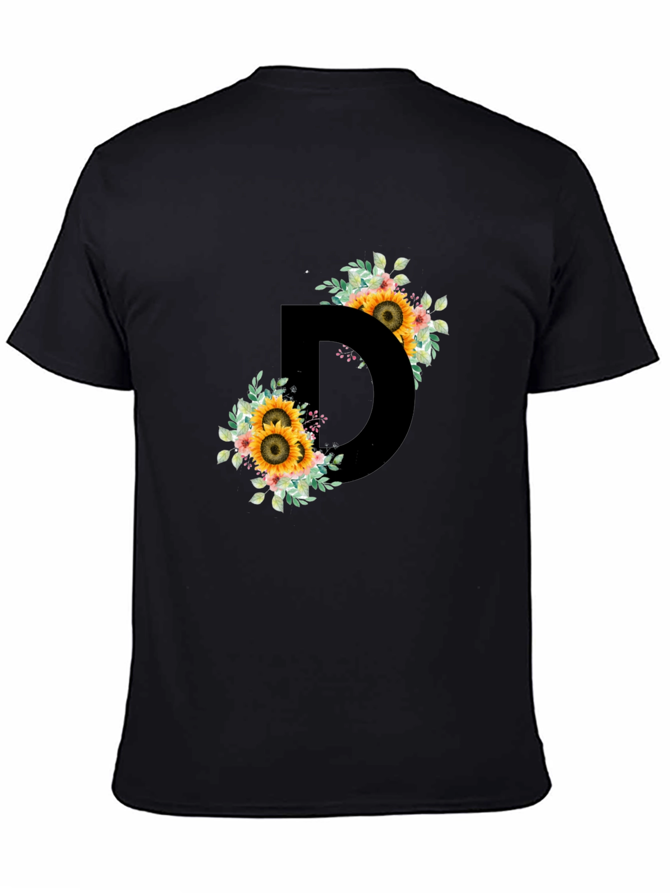 Floral Letter D Black T-Shirt