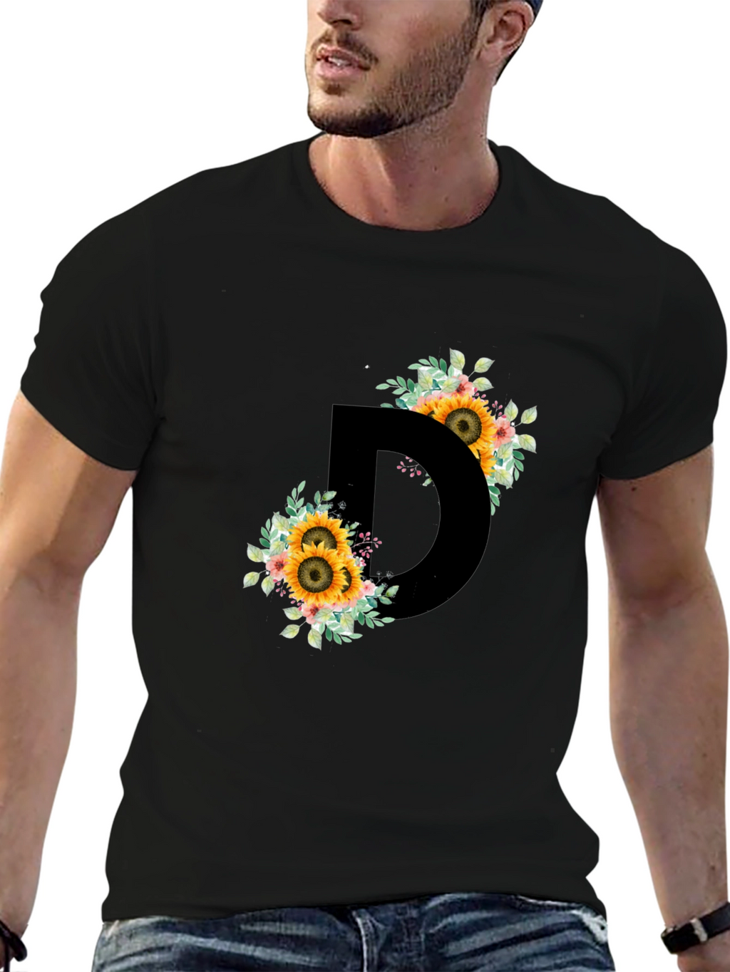 Floral Letter D Black T-Shirt