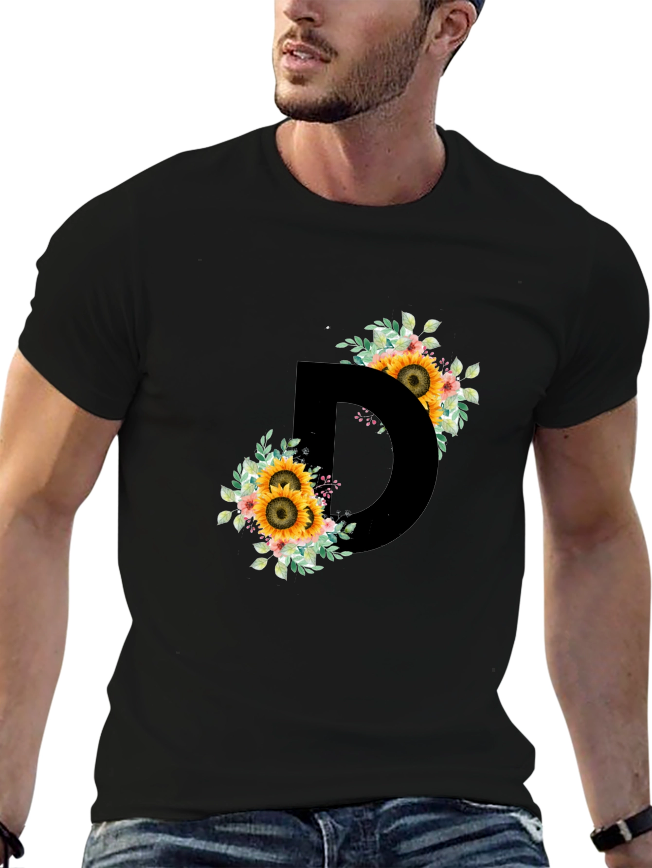 Floral Letter D Black T-Shirt