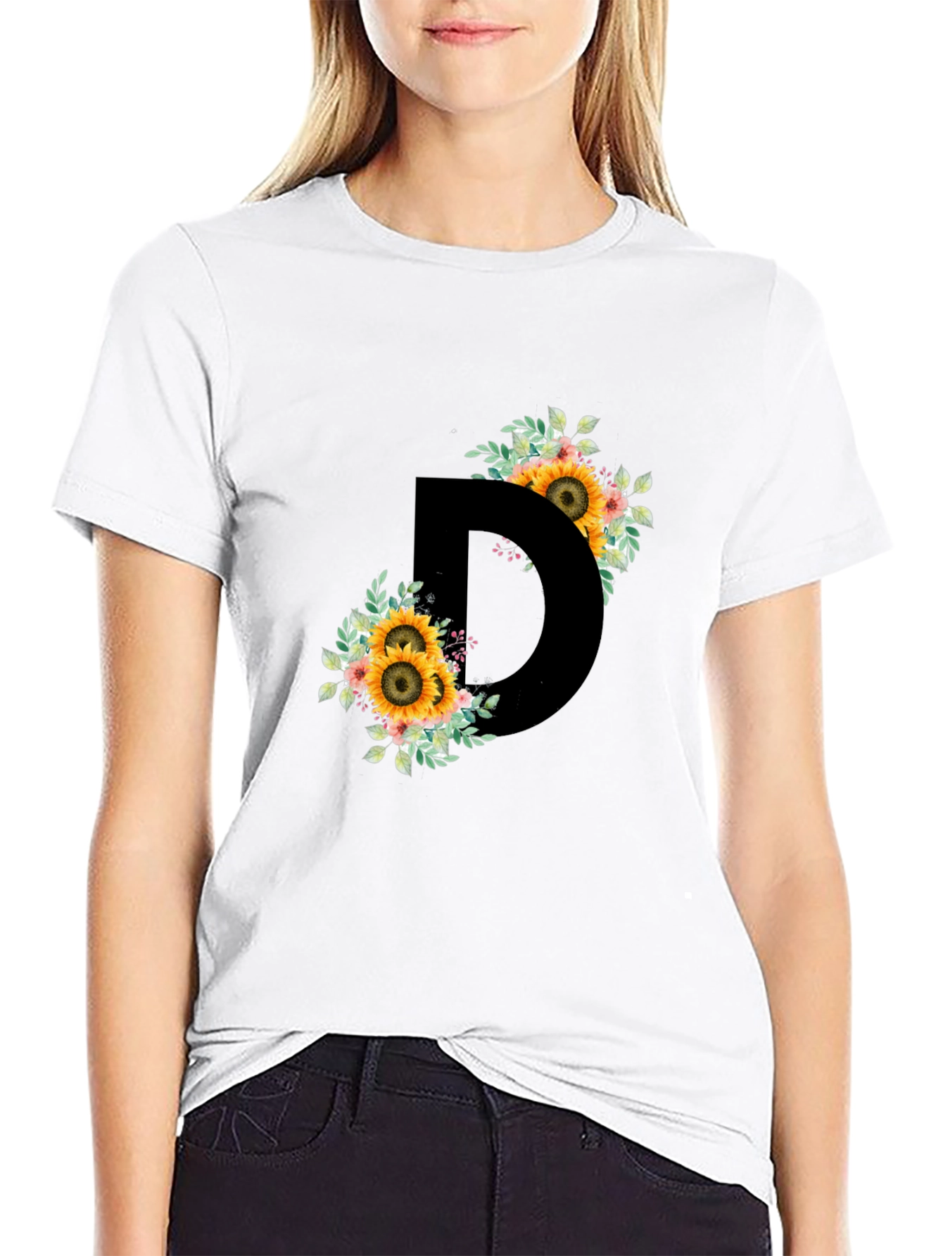 Floral Letter D Black T-Shirt