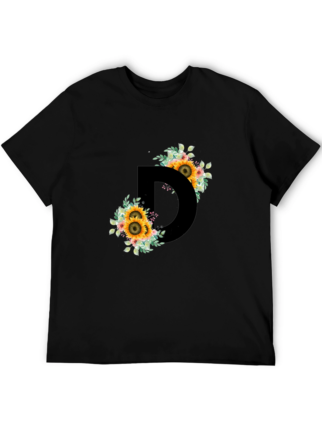 Floral Letter D Black T-Shirt