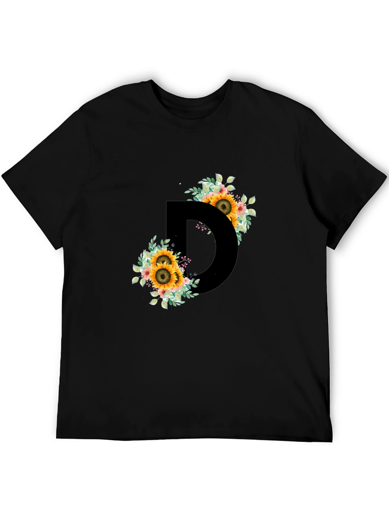 Floral Letter D Black T-Shirt