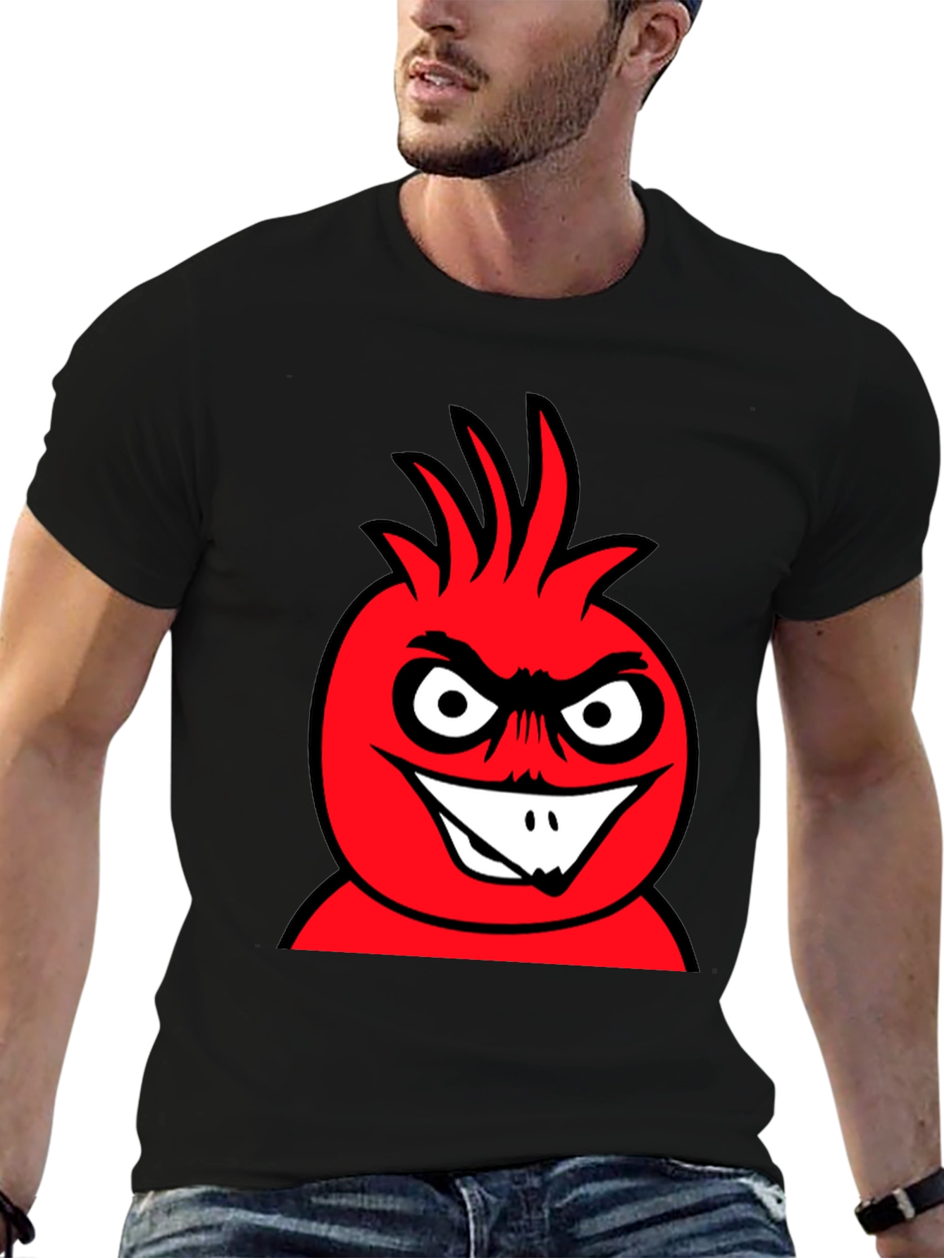 Mens Black T-Shirt with Red Cartoon Graphic