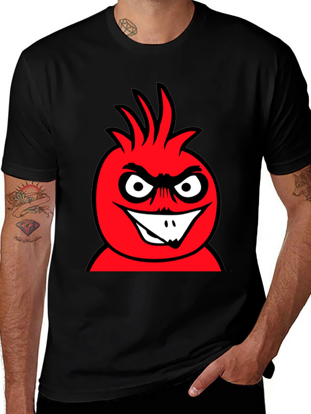 Mens Black T-Shirt with Red Cartoon Graphic