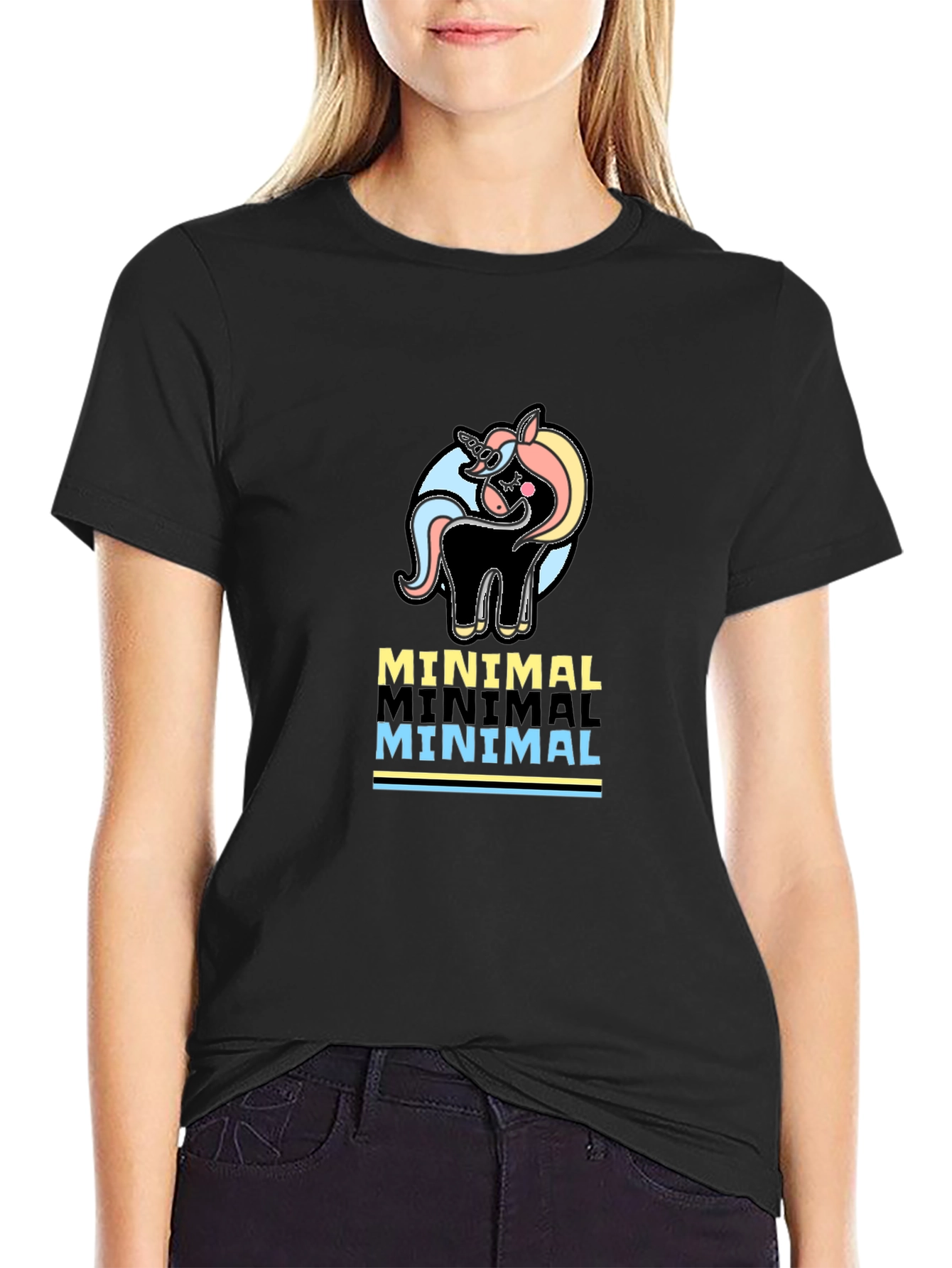 Minimal Unicorn Graphic Print T-Shirt - Black