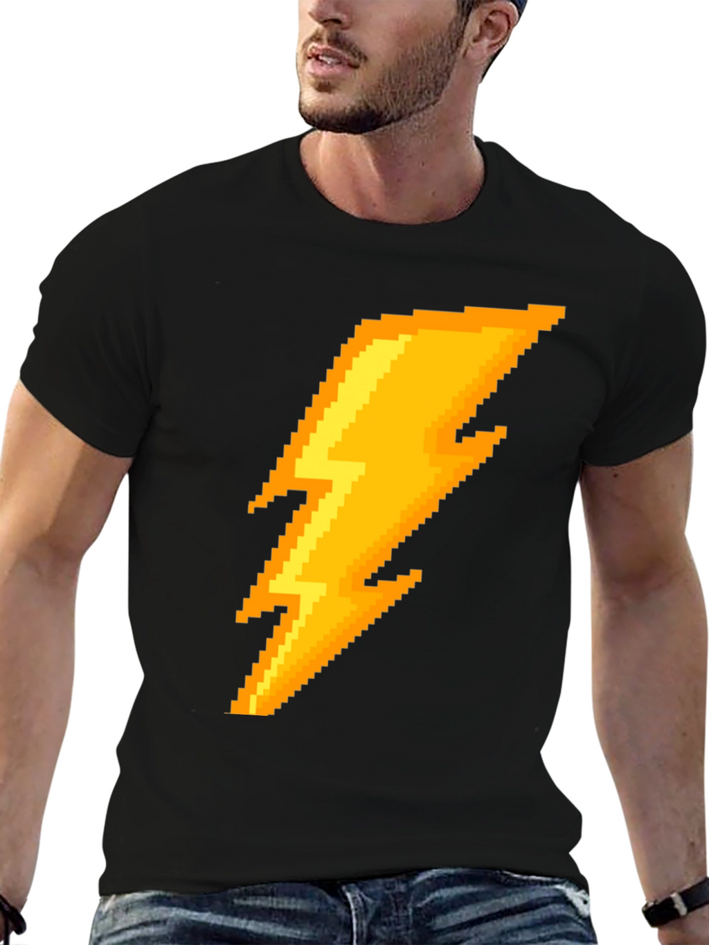 Pixel Lightning Bolt Graphic Tee - Black Cotton T-Shirt