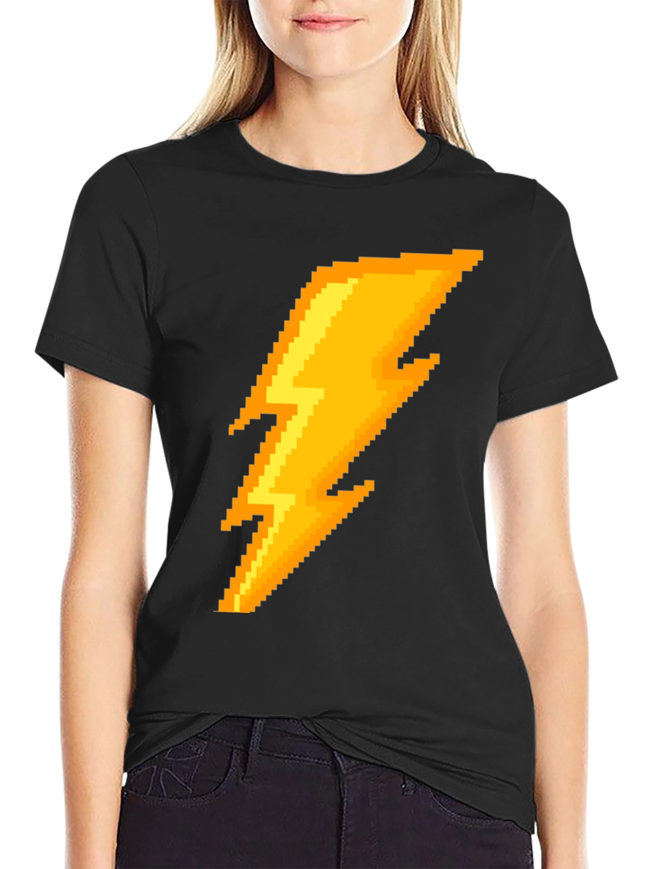 Pixel Lightning Bolt Graphic Tee - Black Cotton T-Shirt