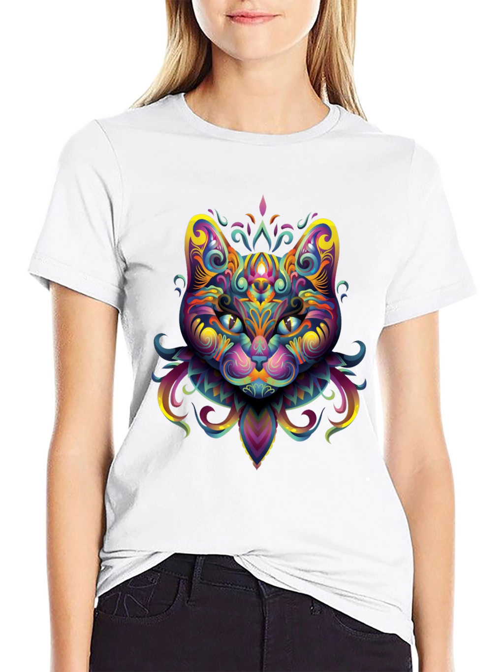 Psychedelic Cat Graphic Tee - Black