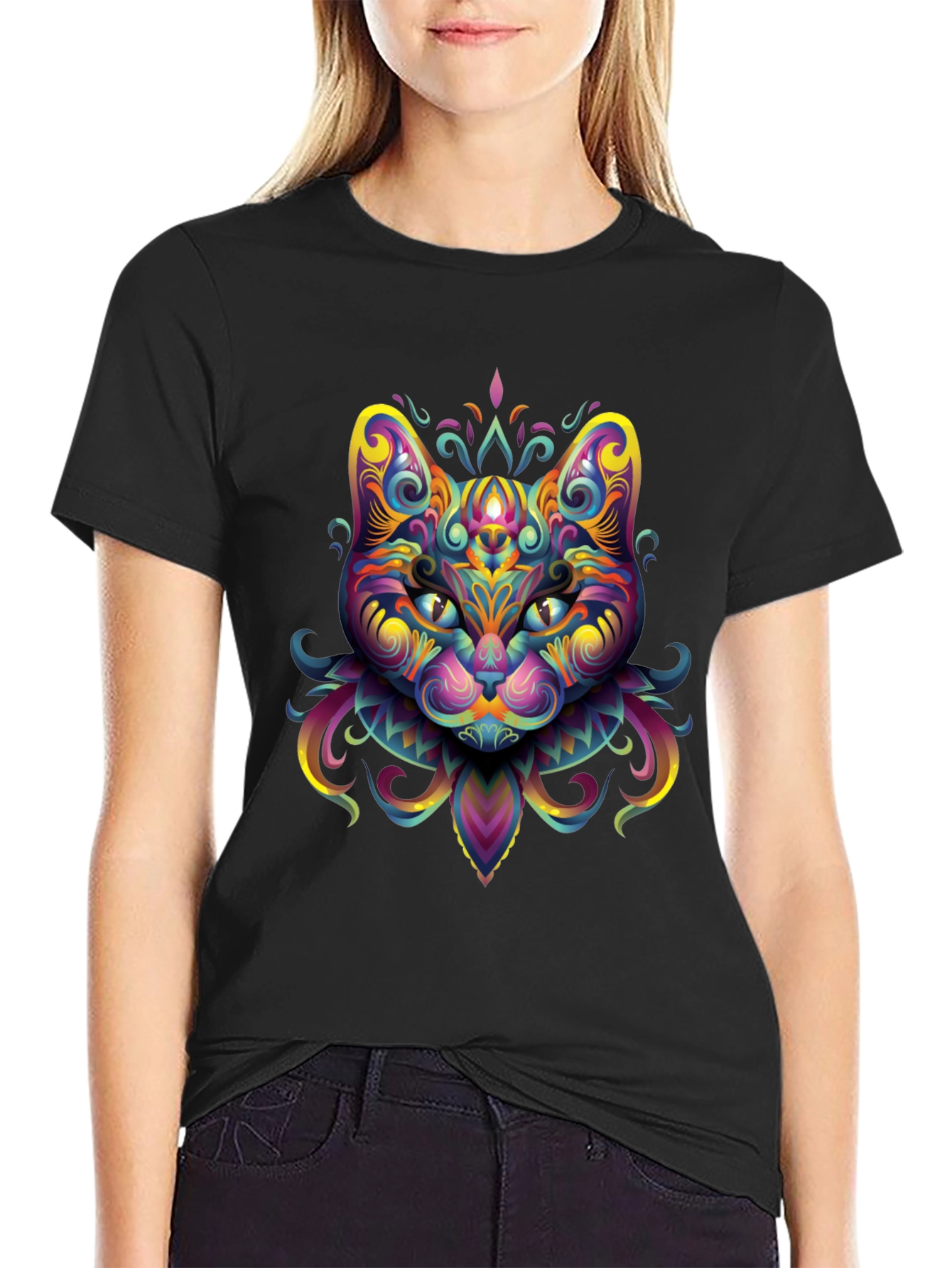 Psychedelic Cat Graphic Tee - Black