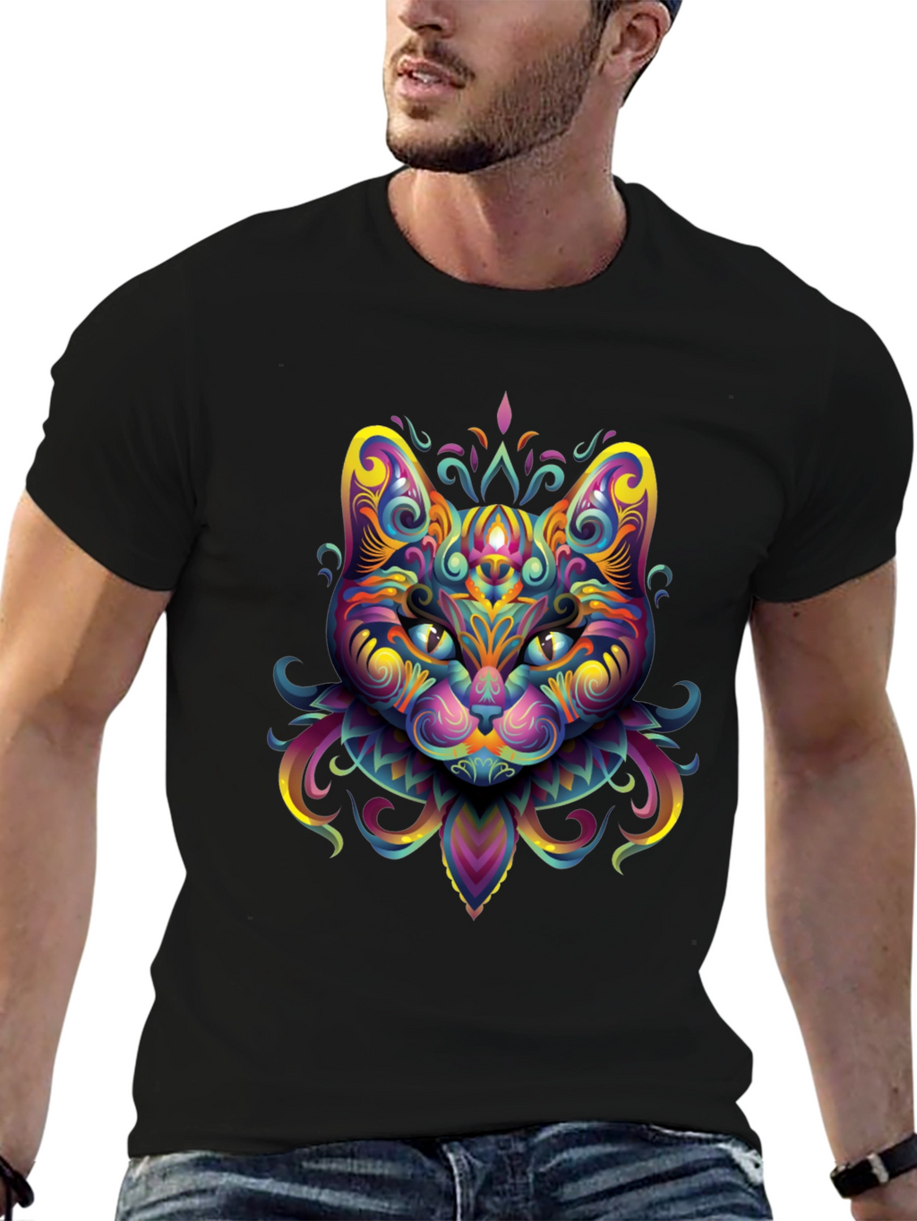 Psychedelic Cat Graphic Tee - Black