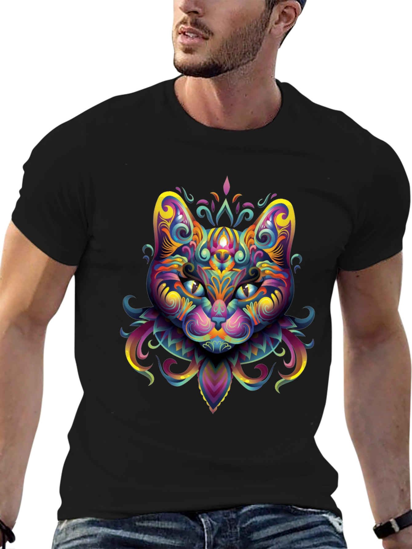 Psychedelic Cat Graphic Tee - Black