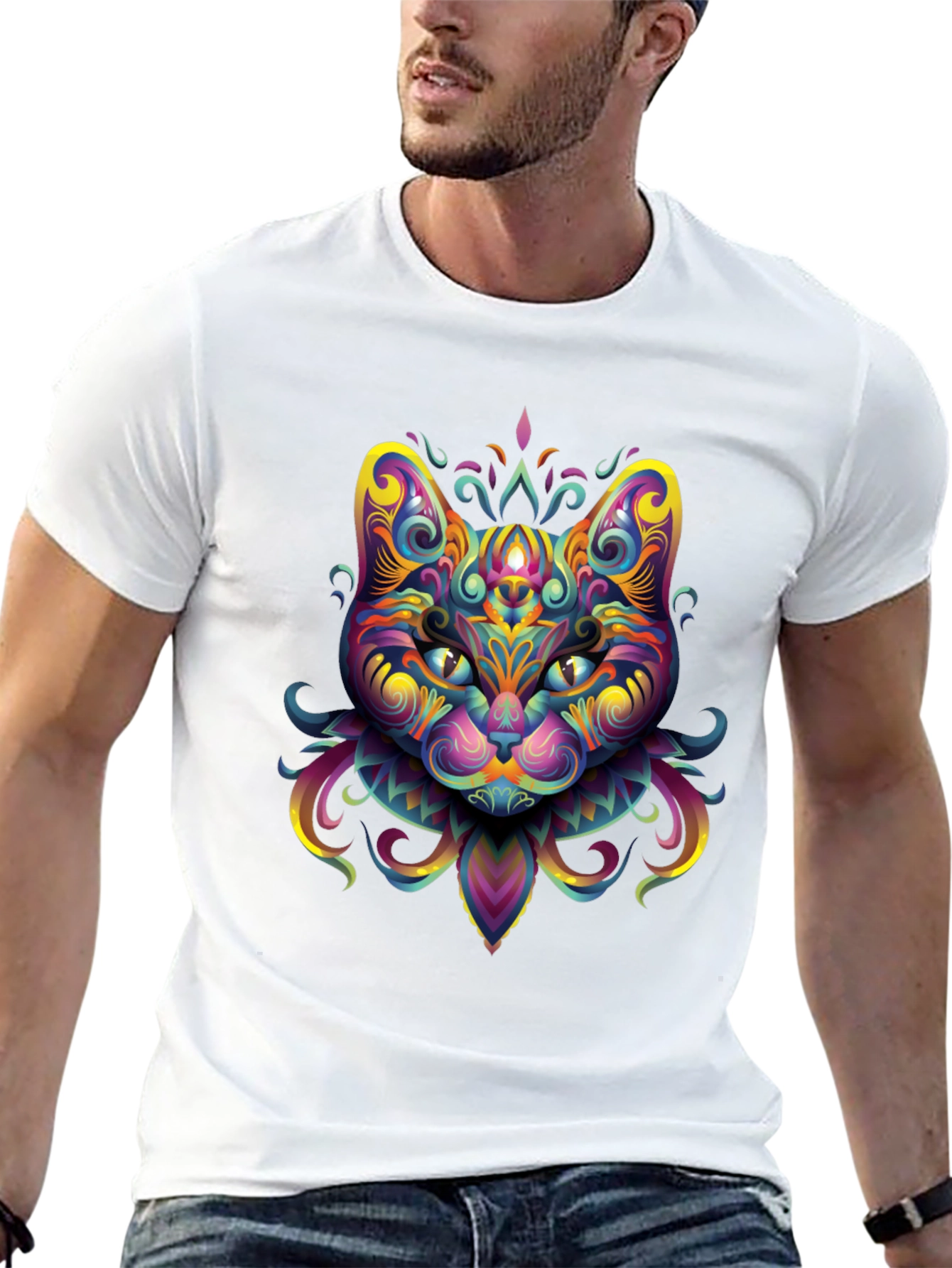 Psychedelic Cat Graphic Tee - Black