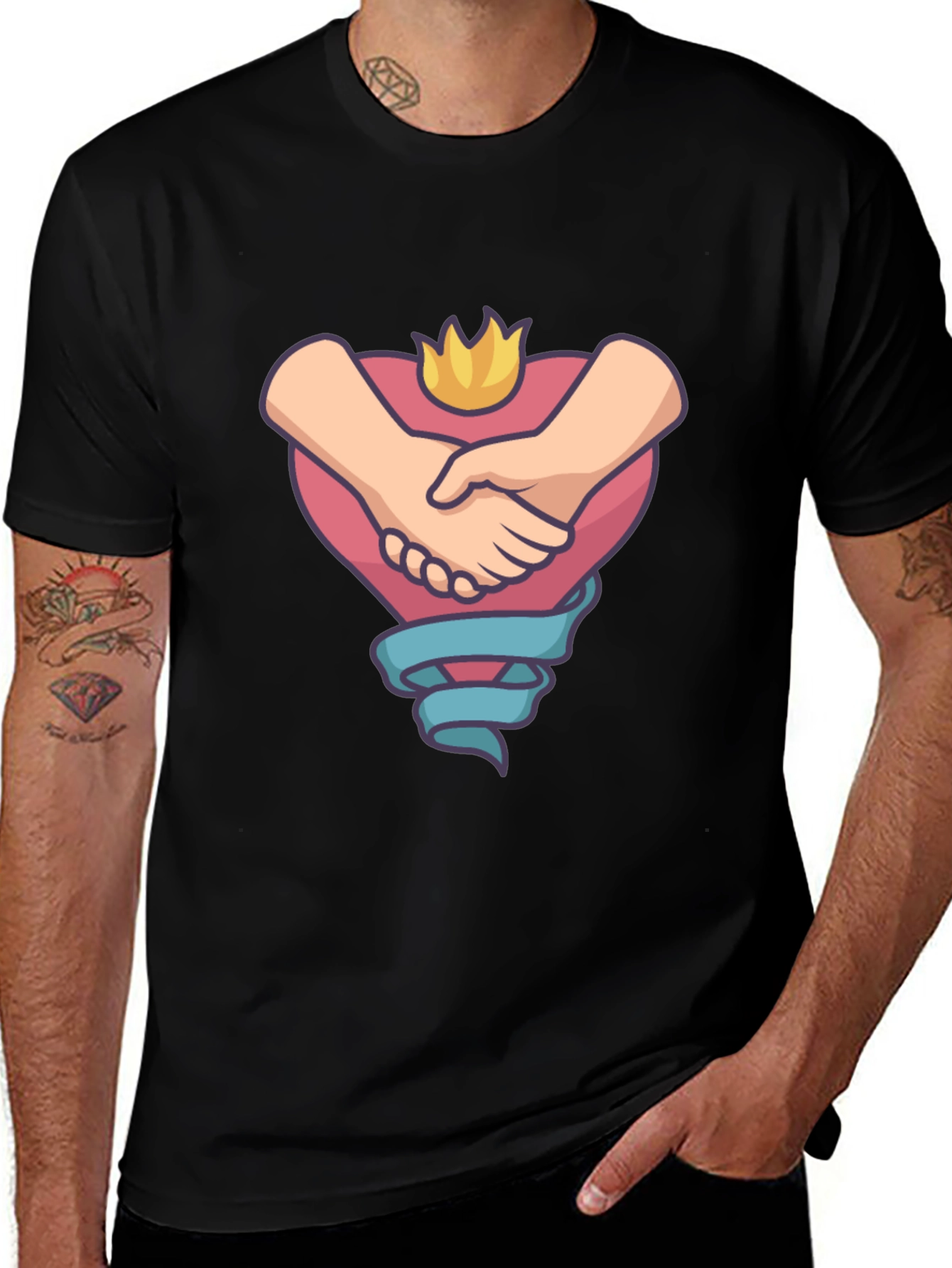 Heartfelt Handshake Graphic Tee - Black Casual Shirt