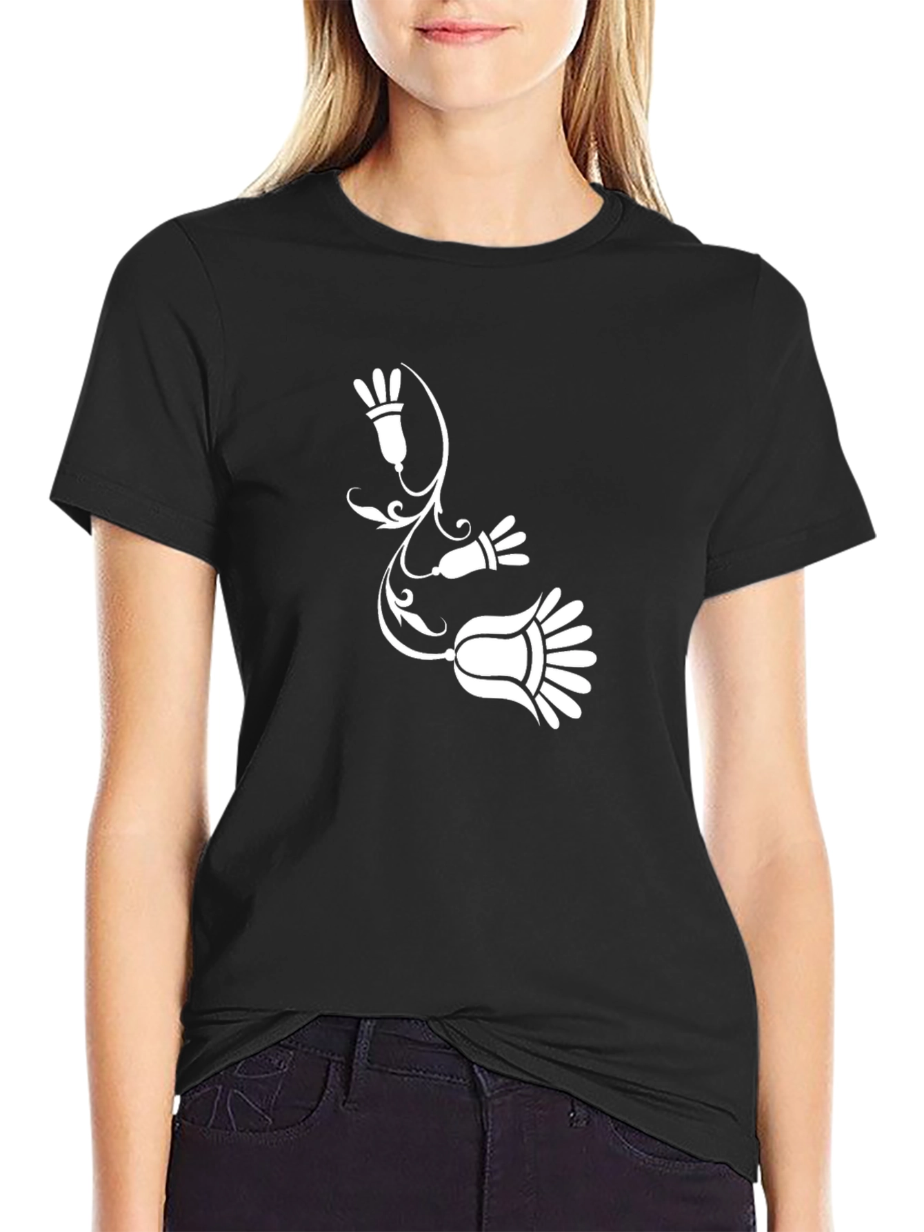 Black T-Shirt with Floral Vine Graphic Print
