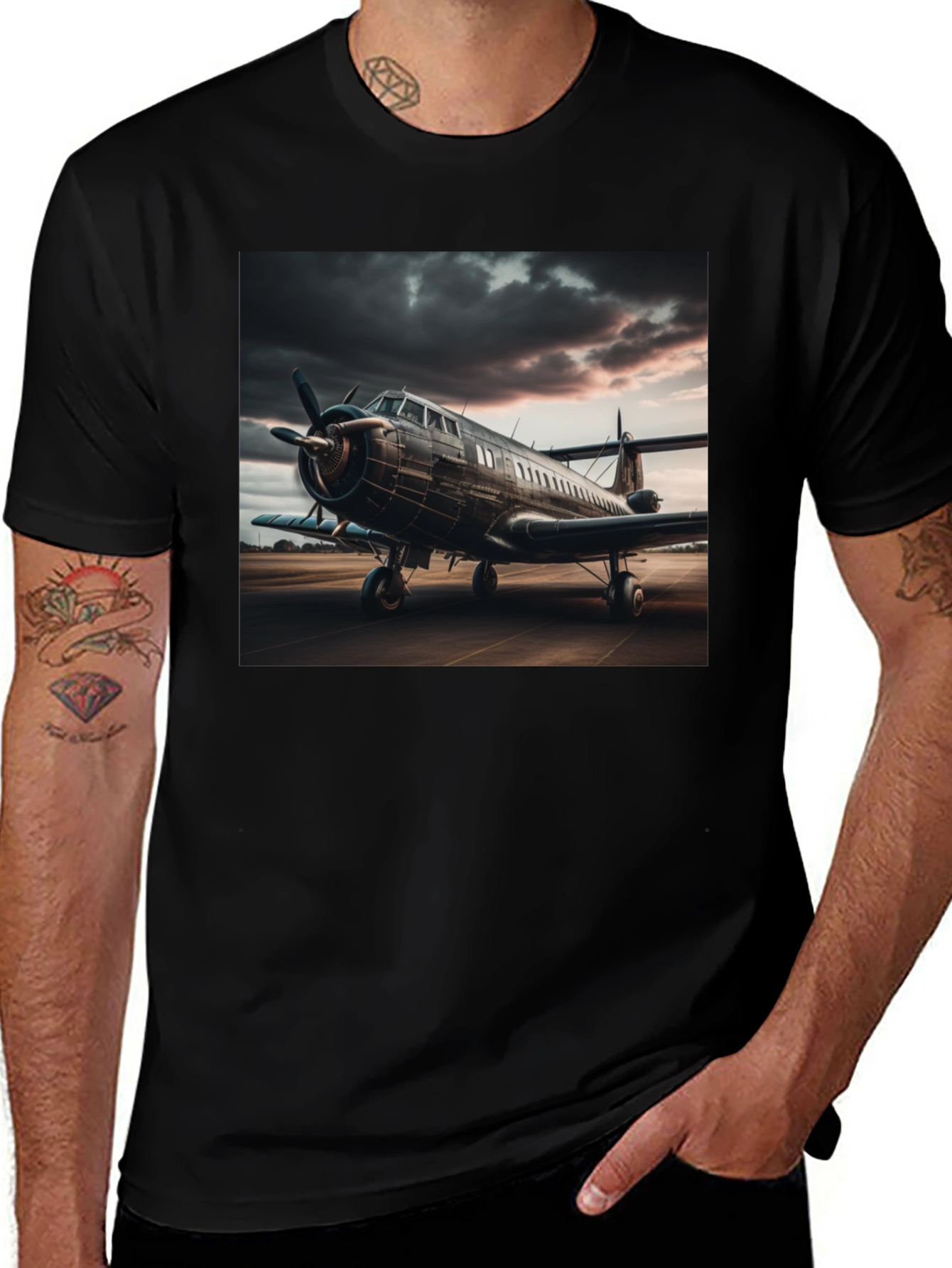 Vintage Airplane Graphic Tee - Black Crew Neck
