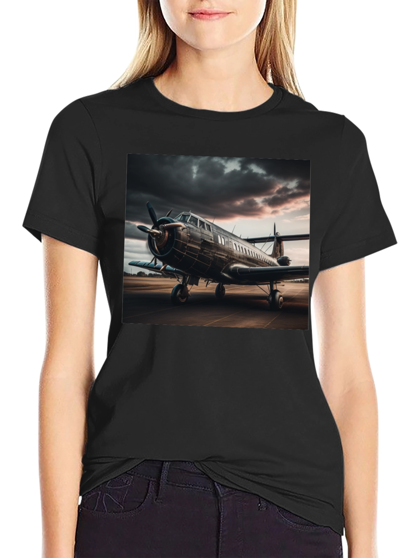 Vintage Airplane Graphic Tee - Black Crew Neck