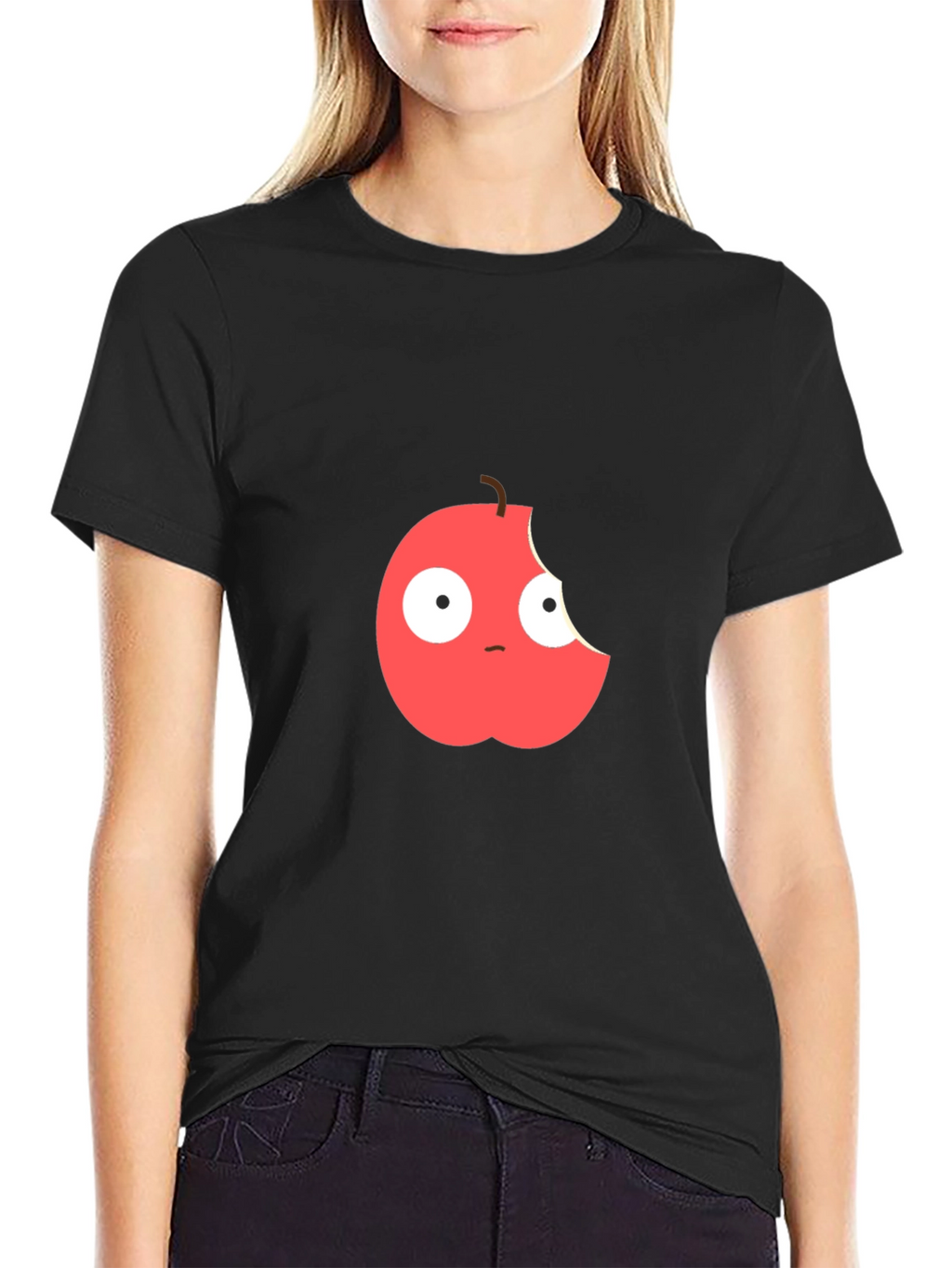 Funny Bitten Apple Graphic Black T-Shirt