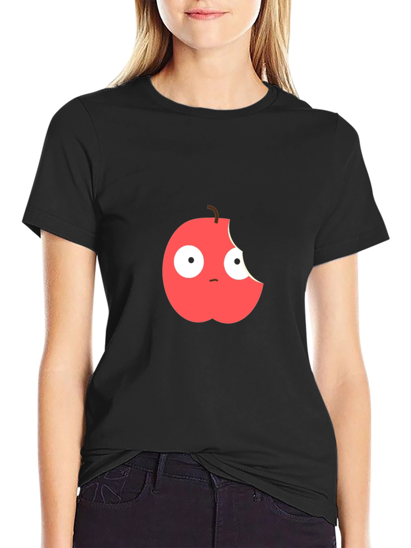 Funny Bitten Apple Graphic Black T-Shirt