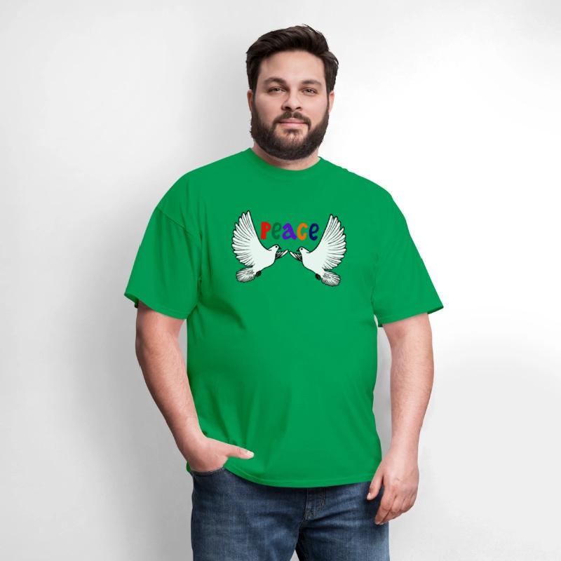 Two white peace doves with colored text in English