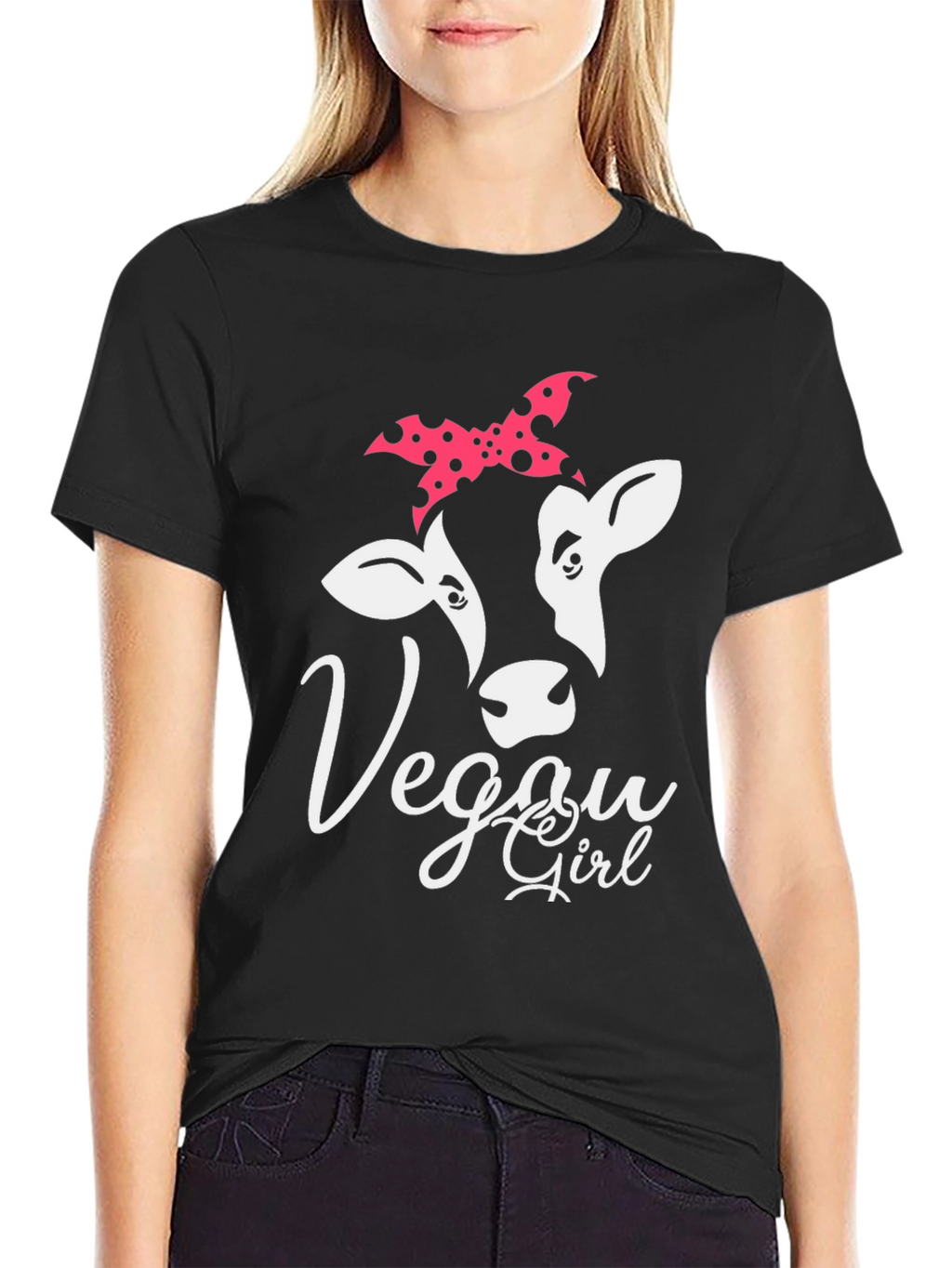 Vegan Girl Cow Graphic T-Shirt - Black