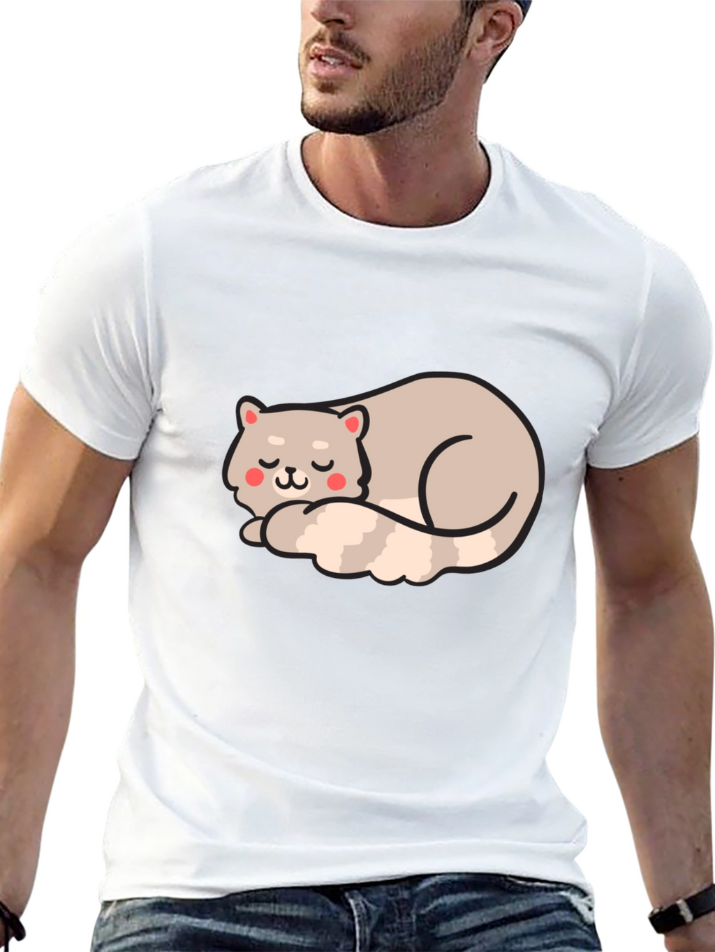 Cute Sleeping Cat Graphic Tee - Black