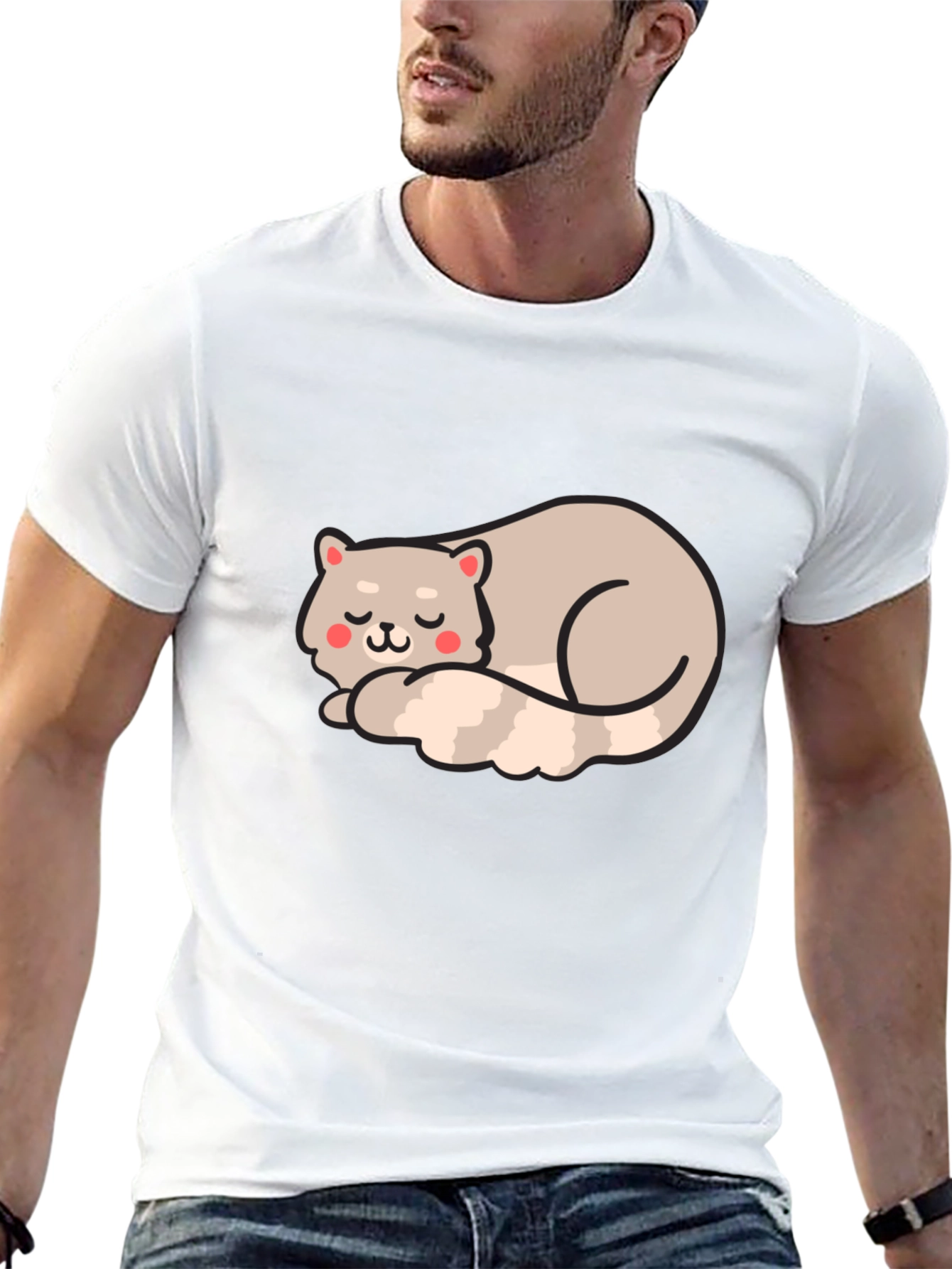 Cute Sleeping Cat Graphic Tee - Black